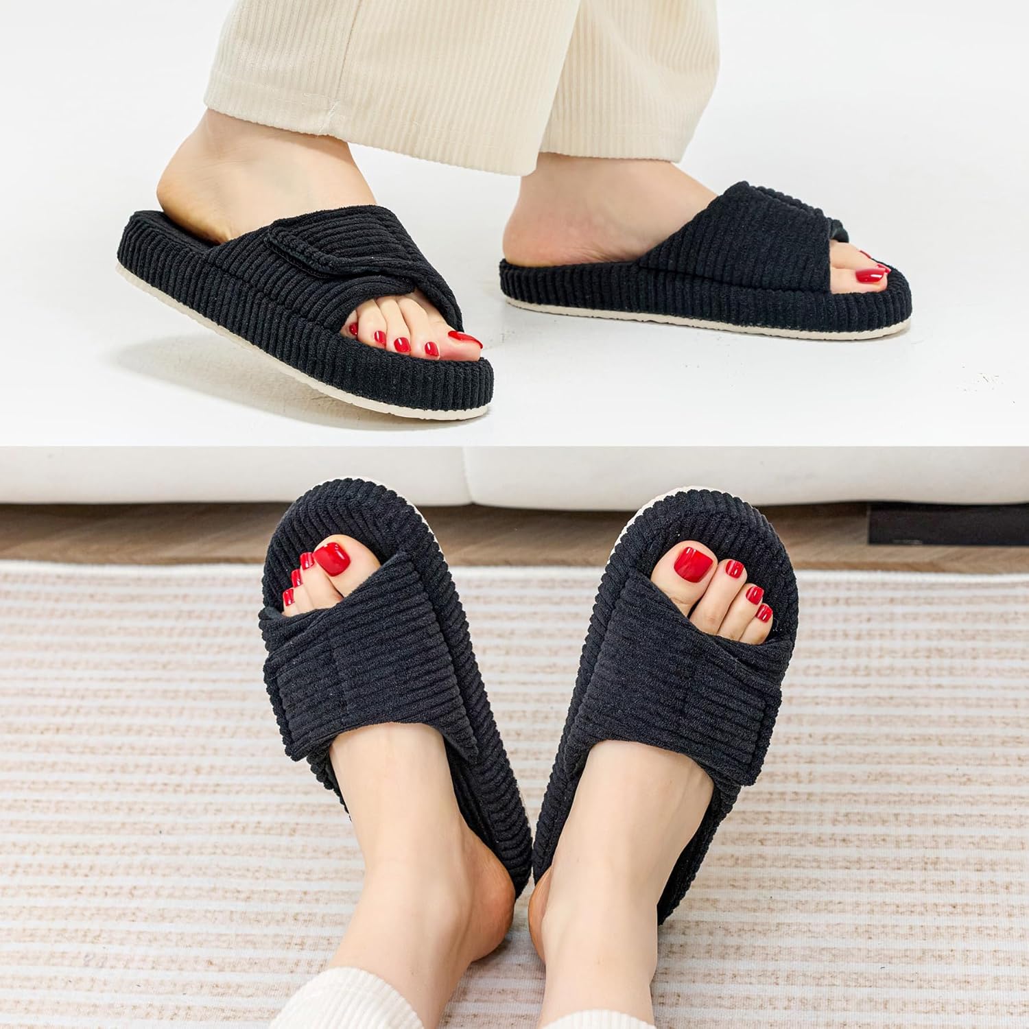 Women's Adjustable Corduroy Slippers - Memory Foam Open-Toe House Shoes - Supportive Non-Slip Footwear for Bedroom, Travel - Image 2