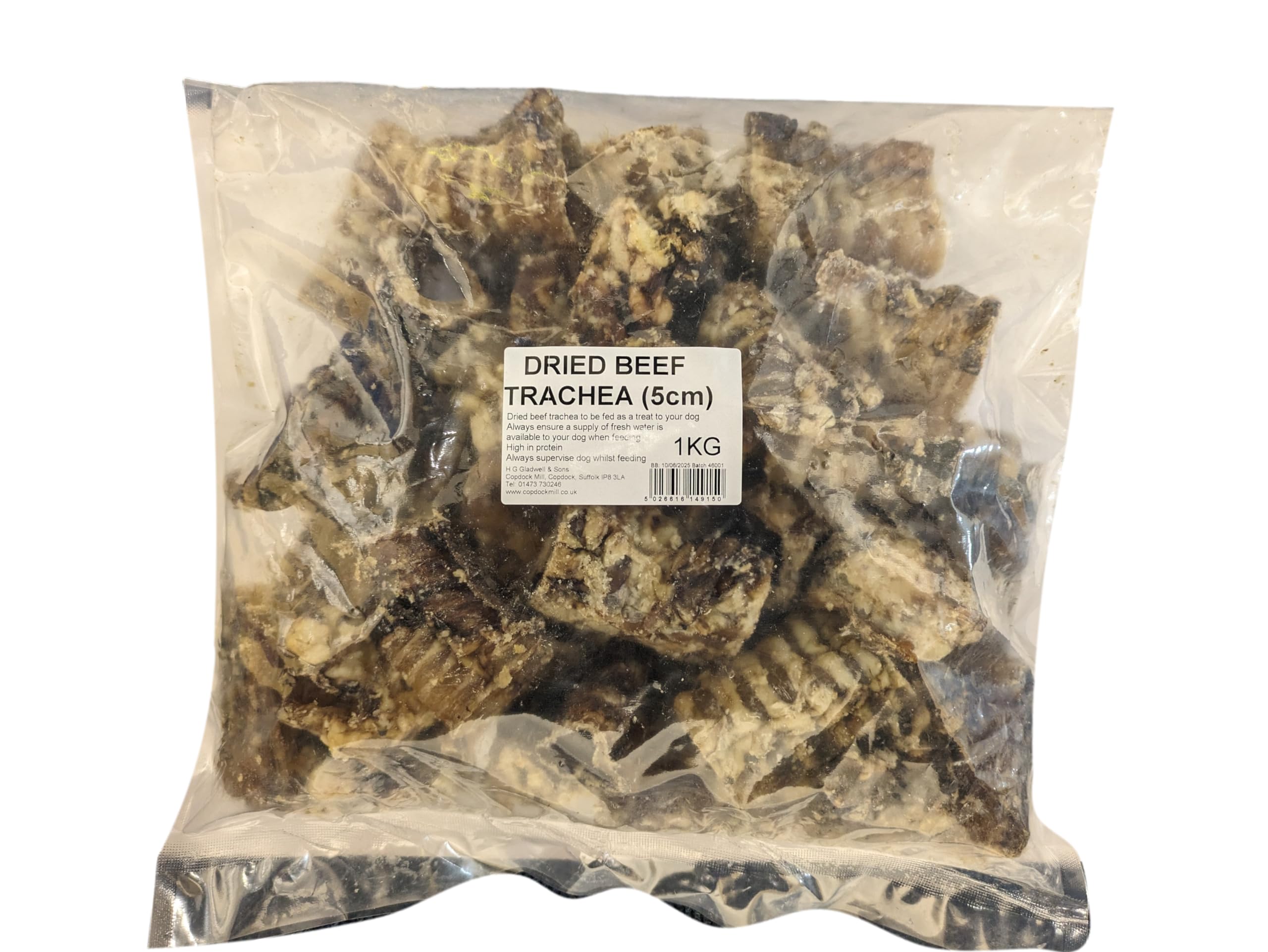 Copdock Mill Trachea Beef Bites (aprox 5cm) Natural Dog Treats 1kg Bulk Bag Promotes Healthy Bones and Joints for your Dog