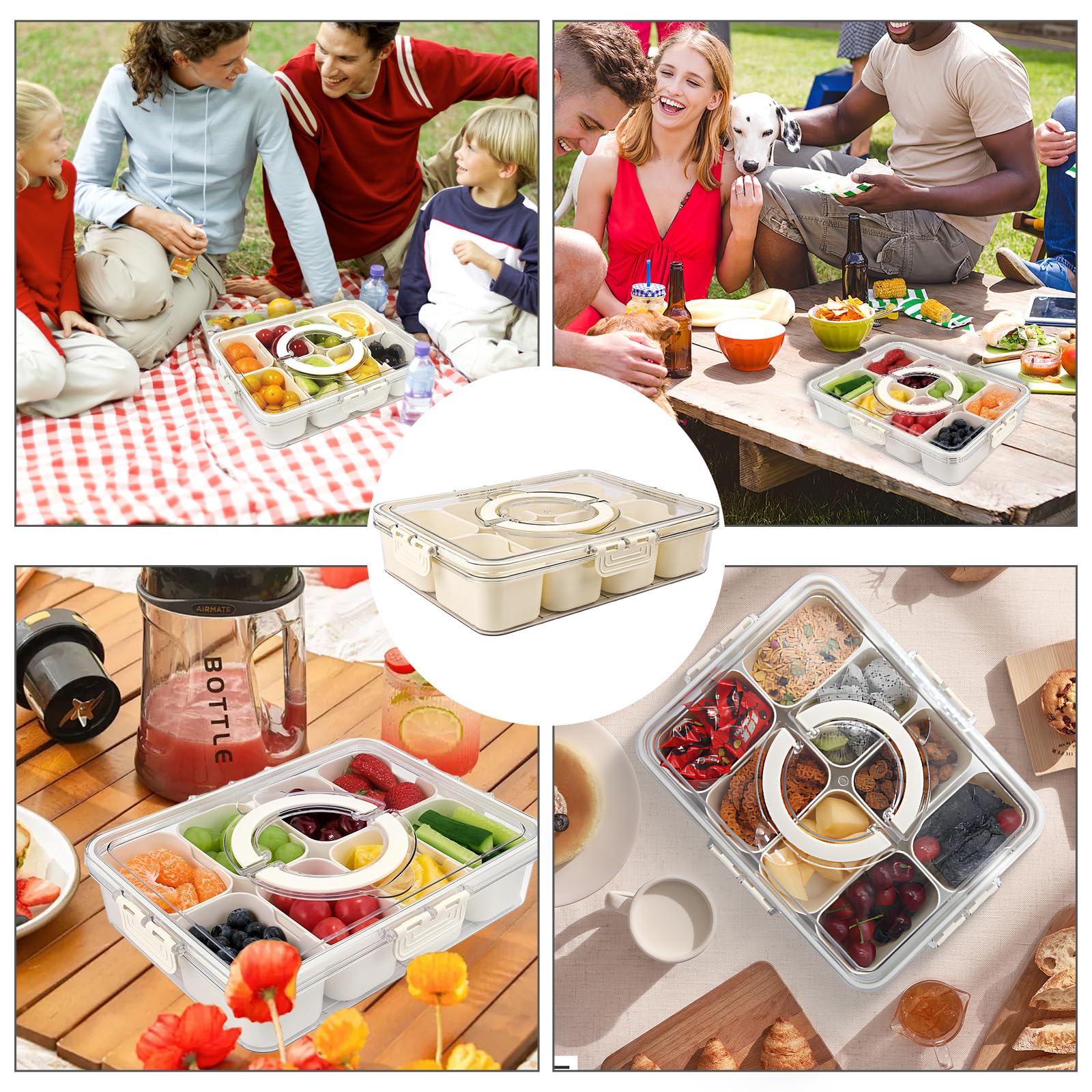 Contenitore per snack portatili, vassoio da portata diviso con coperchio e manico, scatola per snack a 8 scomparti per caramelle, noci, biscotti, frutta, snack