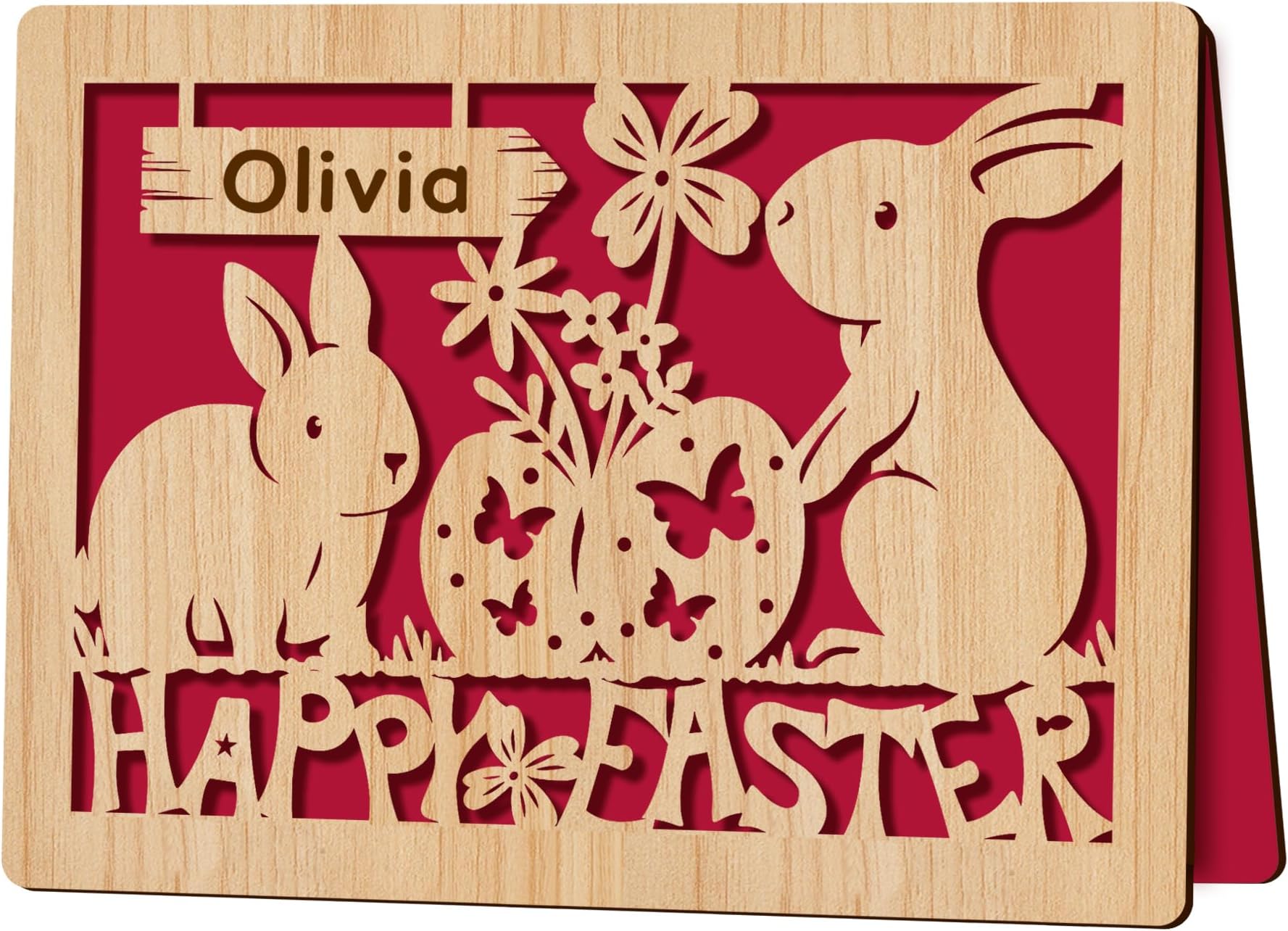 Personalised Easter Cards for Her, Wood Happy Easter Card for Him, Easter Gifts for Daughter, Granddaughter, Grandson, Son, Mum, Dad, Nanny, Grandad, Custom Bunny Card with Envelope (Wood)