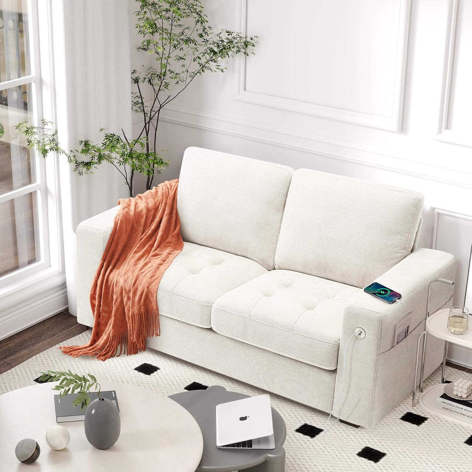 Urhanherry Modern Sofa 2-Seats Couches for Living Room, Chenille Loveseat with USB/Type-C Port, Side Pocket, Recliner Small Sofa, Comfy Couch Easy to Install (70 inch, Beige)