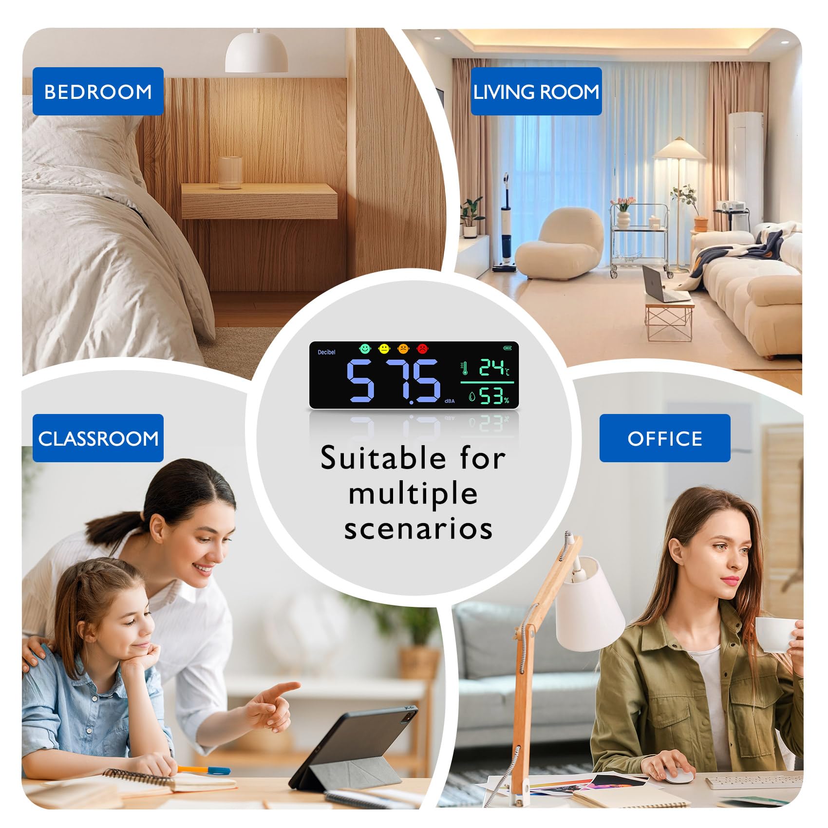 DM1306D NuméRique DéCibel SonomèTre DéTecteur de Bruit Mural Intelligent 30-130DB Moniteur de TempéRature et D'Humidité