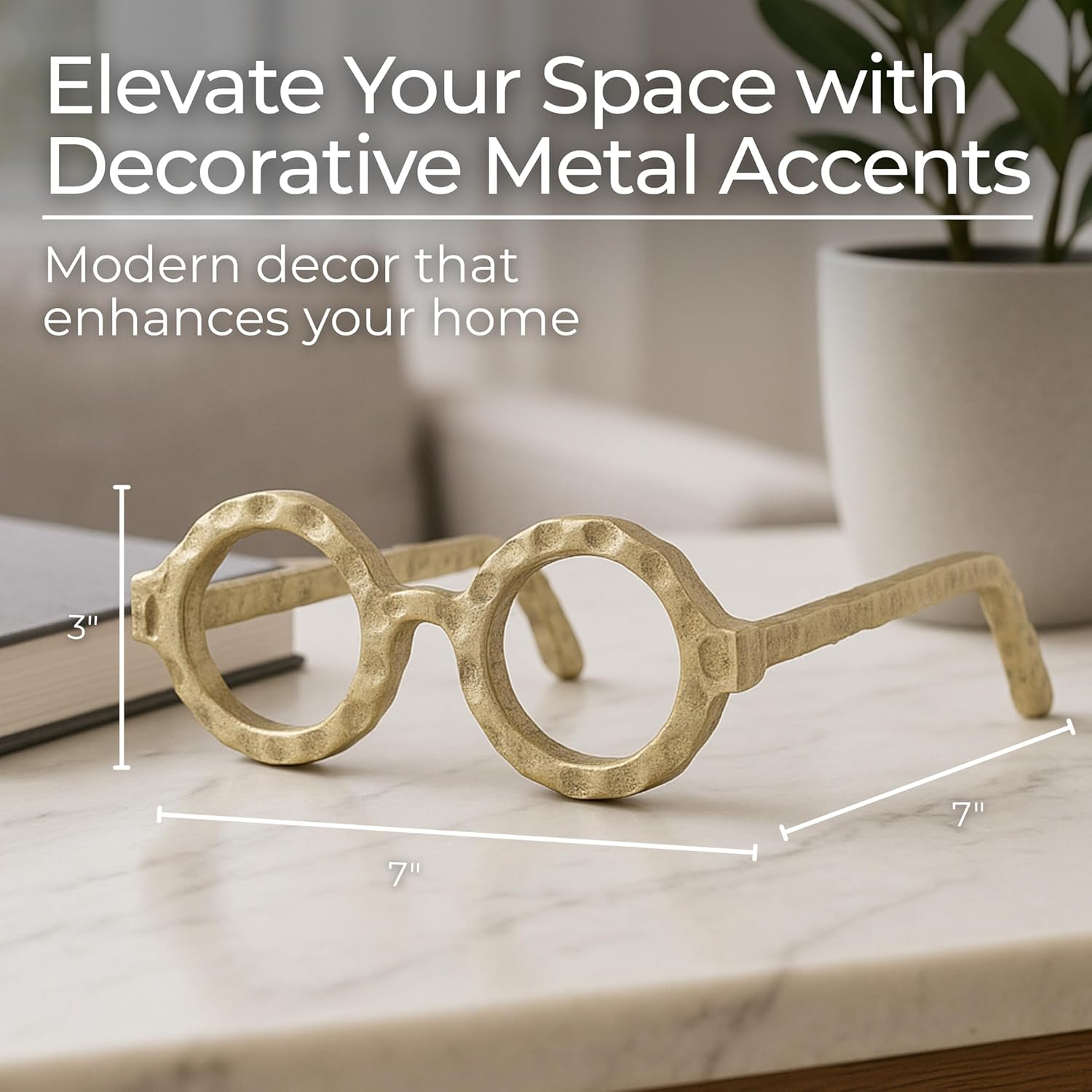 Round Glasses Decorative Object – Aluminum Sculpture Modern Home Decor Ornament – Shelf Styling & Coffee Table Decor for Bathroom, Office & Living Room – 7"x3", Gold