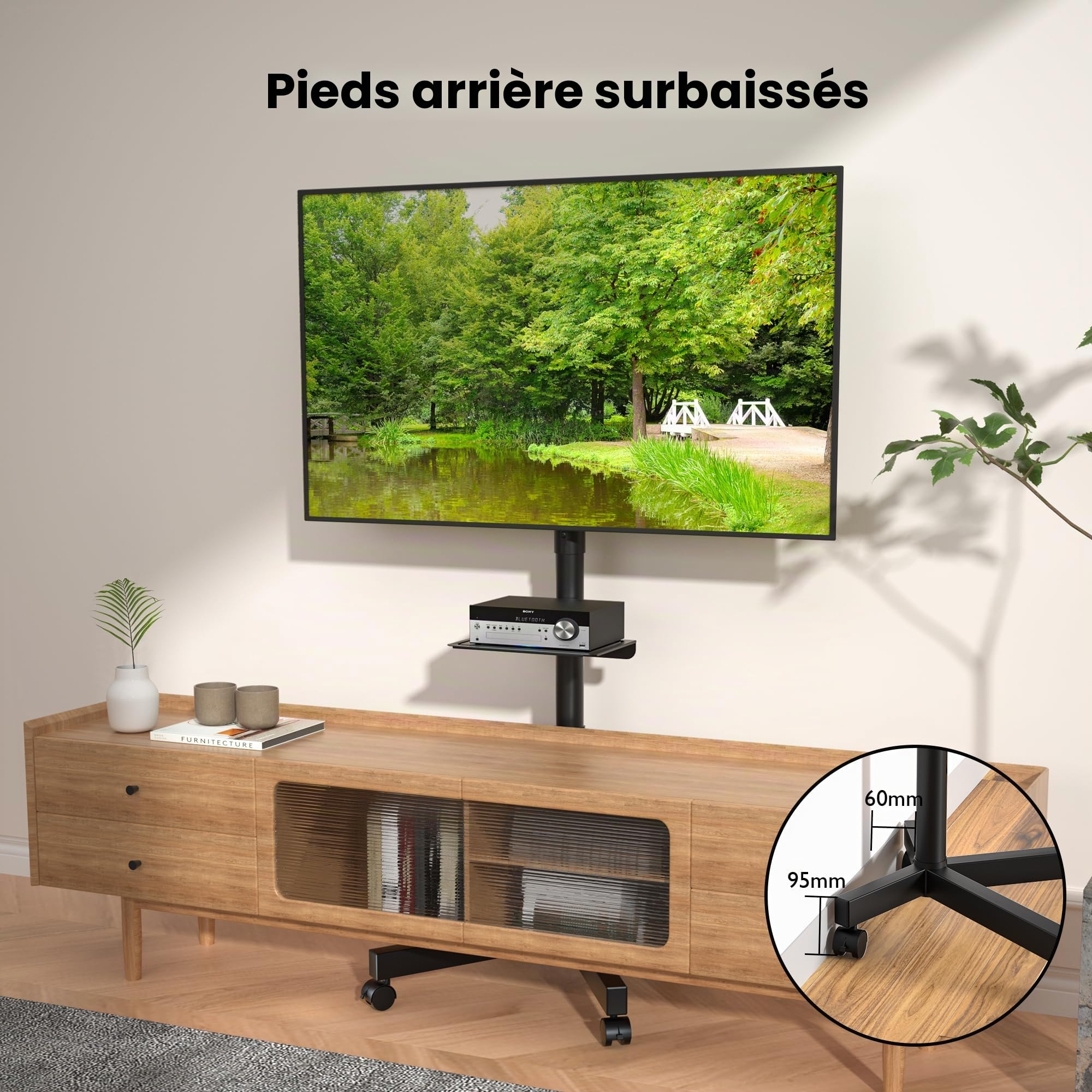 Support TV BONTEC sur Roulettes pour Téléviseurs 23-60 Pouces, Pied Réglable en Hauteur, Max VESA 400x400mm, 40 kg