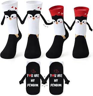 Belloxis Valentines Day Gifts for Couple - Magnetic Hand Holding Socks, Funny 3D Penguin Couple 2Pcs Socks