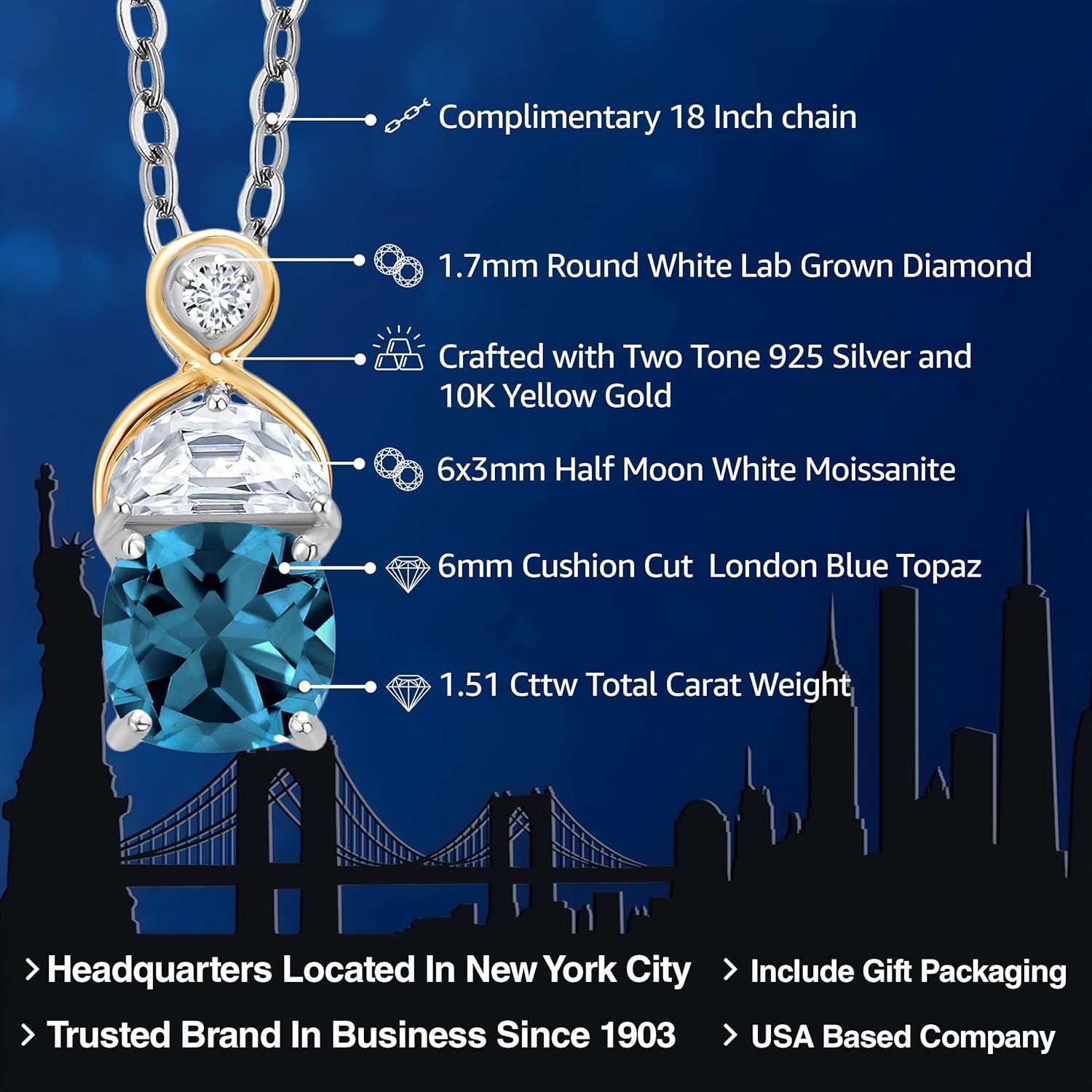 Gem Stone King 1.51 Cttw 6MM Cushion London Blue Topaz Half Moon Moissanite and Lab Grown Diamond Pendant Necklace for Women | 925 Silver and 10K Yellow Gold | With 18 Inch Silver Chain - Image 2