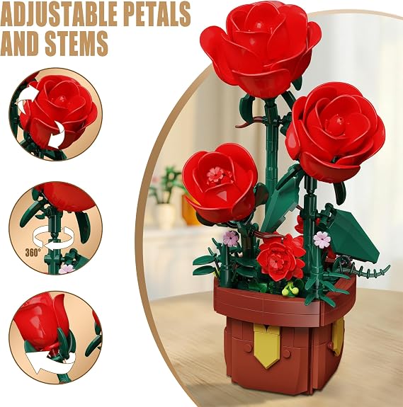 TYCOLE Roses Flowers Botanicals Building Set,Artificial Plants Bonsai Building Blocks for Adults,Indoor Home Office Decor,Christmas Birthday Gift for Adults Women,Girls age 8-12(307Pcs)