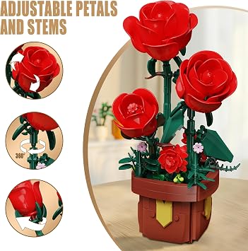 TYCOLE Roses Flowers Botanicals Building Set,Artificial Plants Bonsai Building Blocks for Adults,Indoor Home Office Decor,Christmas Birthday Gift for Adults Women,Girls age 8-12(307Pcs)