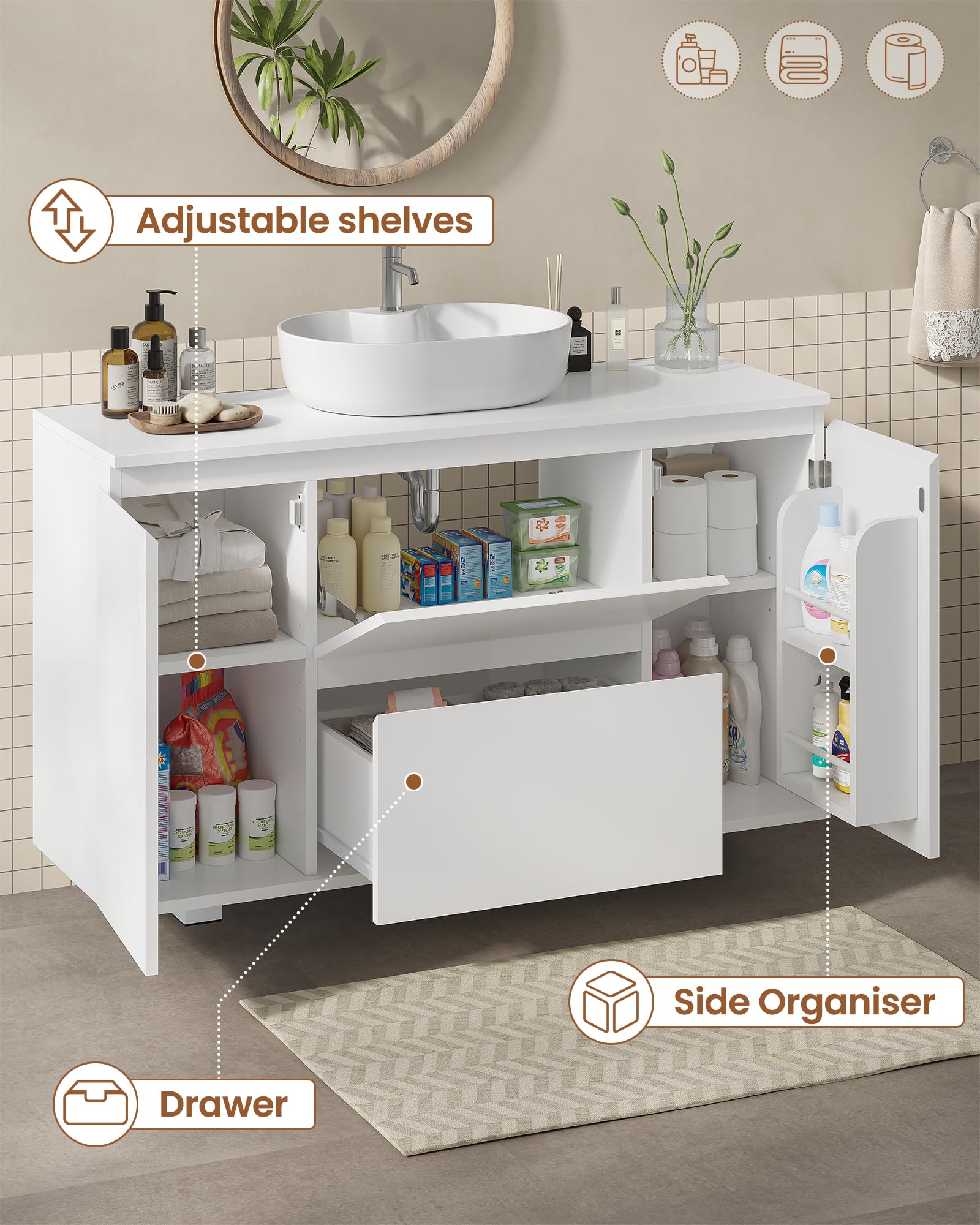Mueble Bajo Lavabo, Armario de Baño con Cajones, Compartimentos para Puertas, Estantes Ajustables, Armario Bajo Lavabo con Piess, Gran Espacio de Almacenamiento, 90 x 30 x 60 cm, Blanco