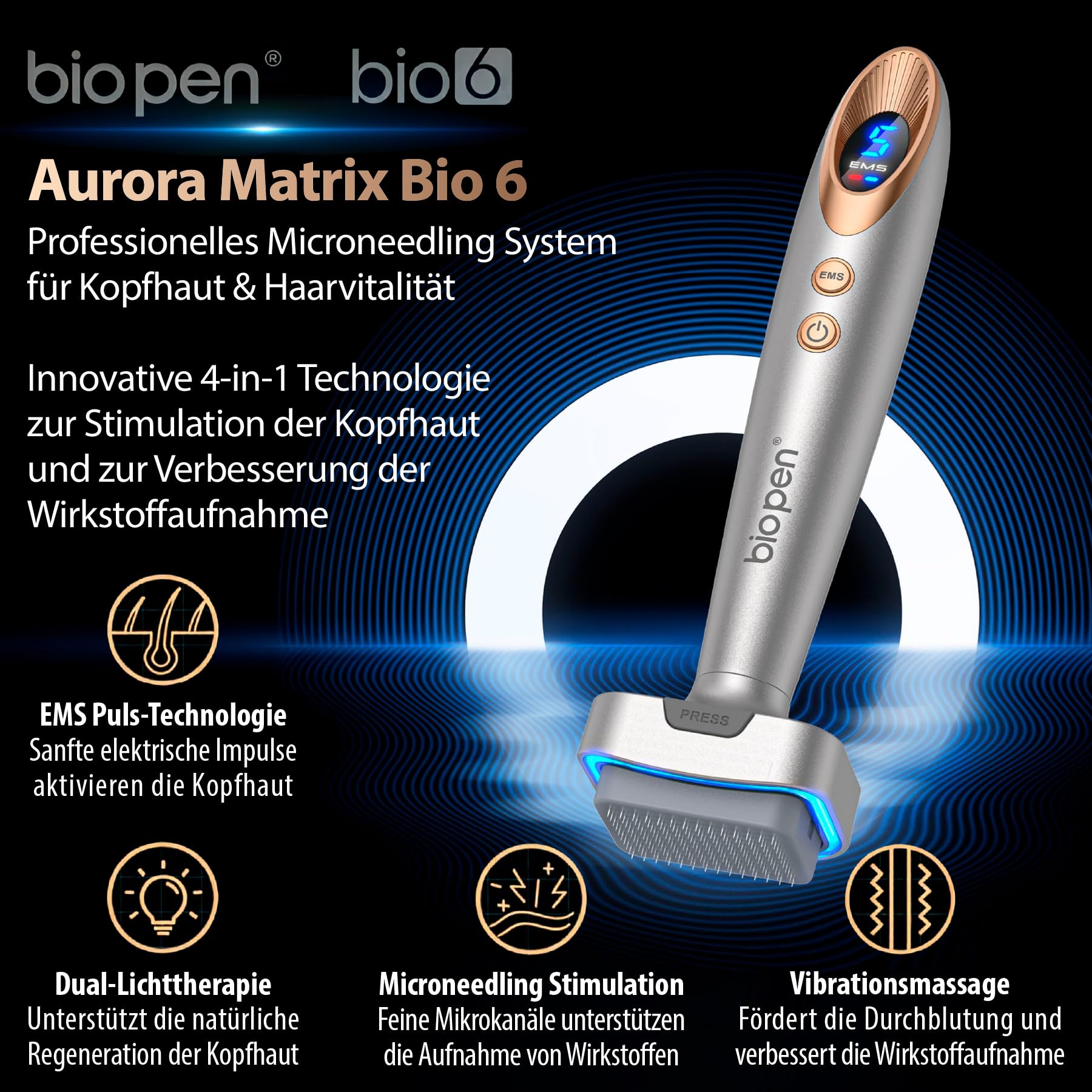 P-Beauty Derma Stamp BioPen BIO6 - mikroneedling Pen – Dermastamp z wyświetlaczem EMS i LED – urządzenie 4 w 1 do zapobiegania starzeniu się, ujędrniania skóry, zmarszczek, blizn potrądzikowych