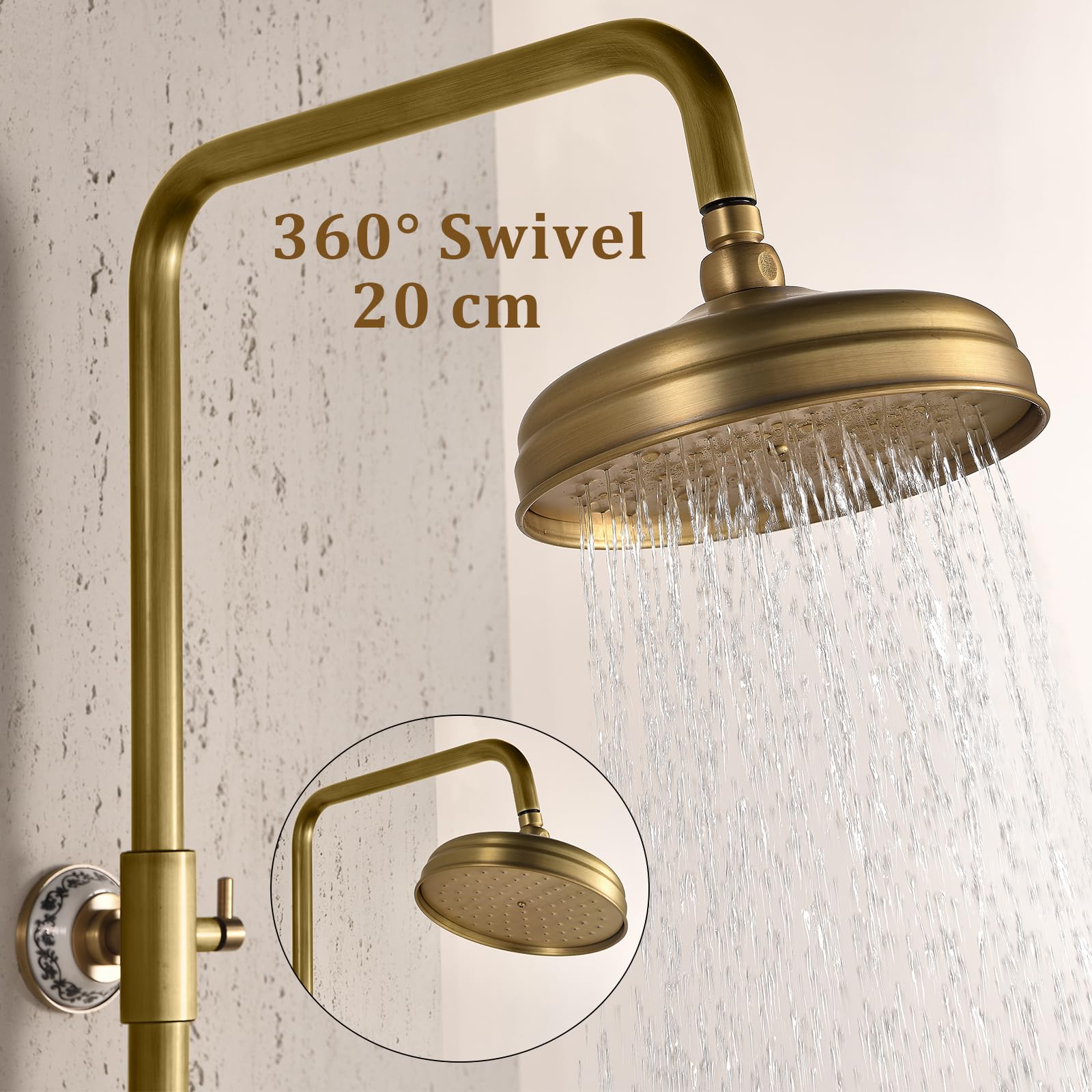 ESOP Conjunto de Ducha Retro Sistema de Ducha Montaje en La Pared Columna de Ducha Latón Set de Ducha con 20cm Giratorio Alcachofa de Ducha, Alcachofa de Mano, Ajustable Barra de Ducha