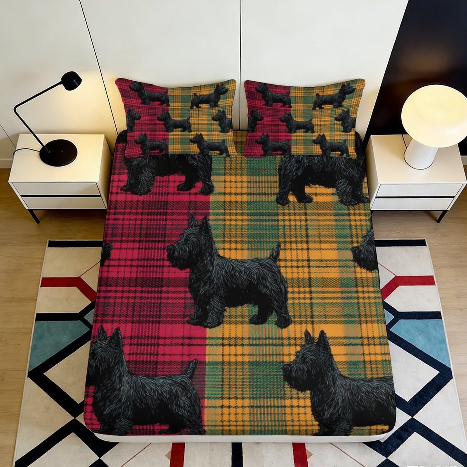 Pnayamiorkfel Style-8 3D Printed Scottish Terrier Plaid Fitted Sheet Microfiber Soft Bed Cover Anti-Slip Easy Care For Bedroom Guestroom Decor 90X200x25cm