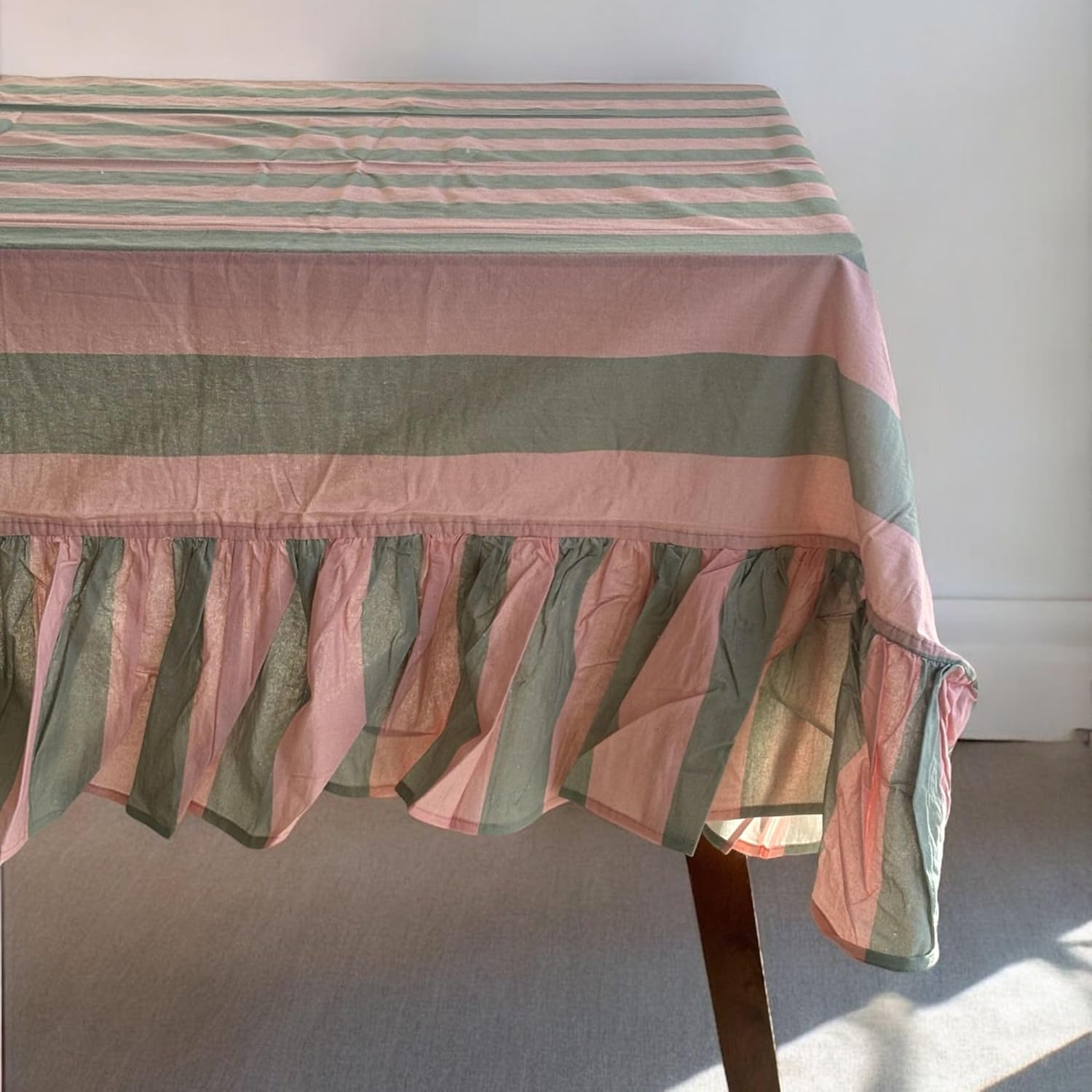 Striped Ruffled Tablecloth | Pink & Sage Green Cotton Blend Farmhouse Style Dining Table Cover | Hand Block Printed Round Tablecloth 90 Inches