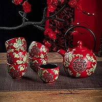 Vista 5 de Juego de té tradicional de cerámica china, juego de té para fiesta de ceremonia de boda, tetera de porcelana roja china con tazas de té y bandeja
