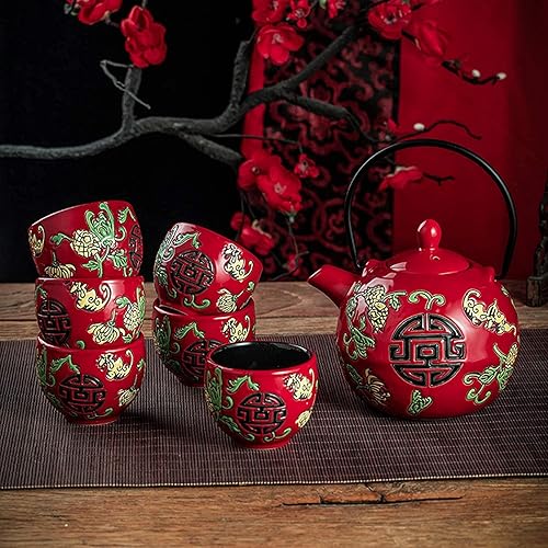 Miniatura 5 de TANFEI Juego de té tradicional de cerámica china, juego de té para fiesta de ceremonia de boda, tetera de porcelana roja china con tazas de té y