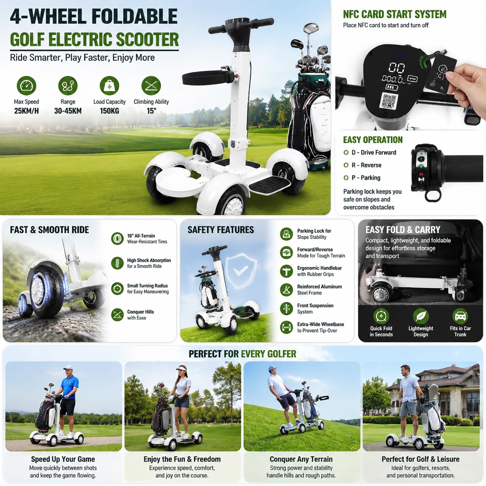 Buggy Golf Eléctrico con Pedal,Scooter Golf Plegado 4ruedas con Asa,Soporte Marcha Adelante/Marcha Atrás, Estacionamiento En Pendiente Fácil Ascenso,Alcance hasta 30km,Soporte Carga 200kg