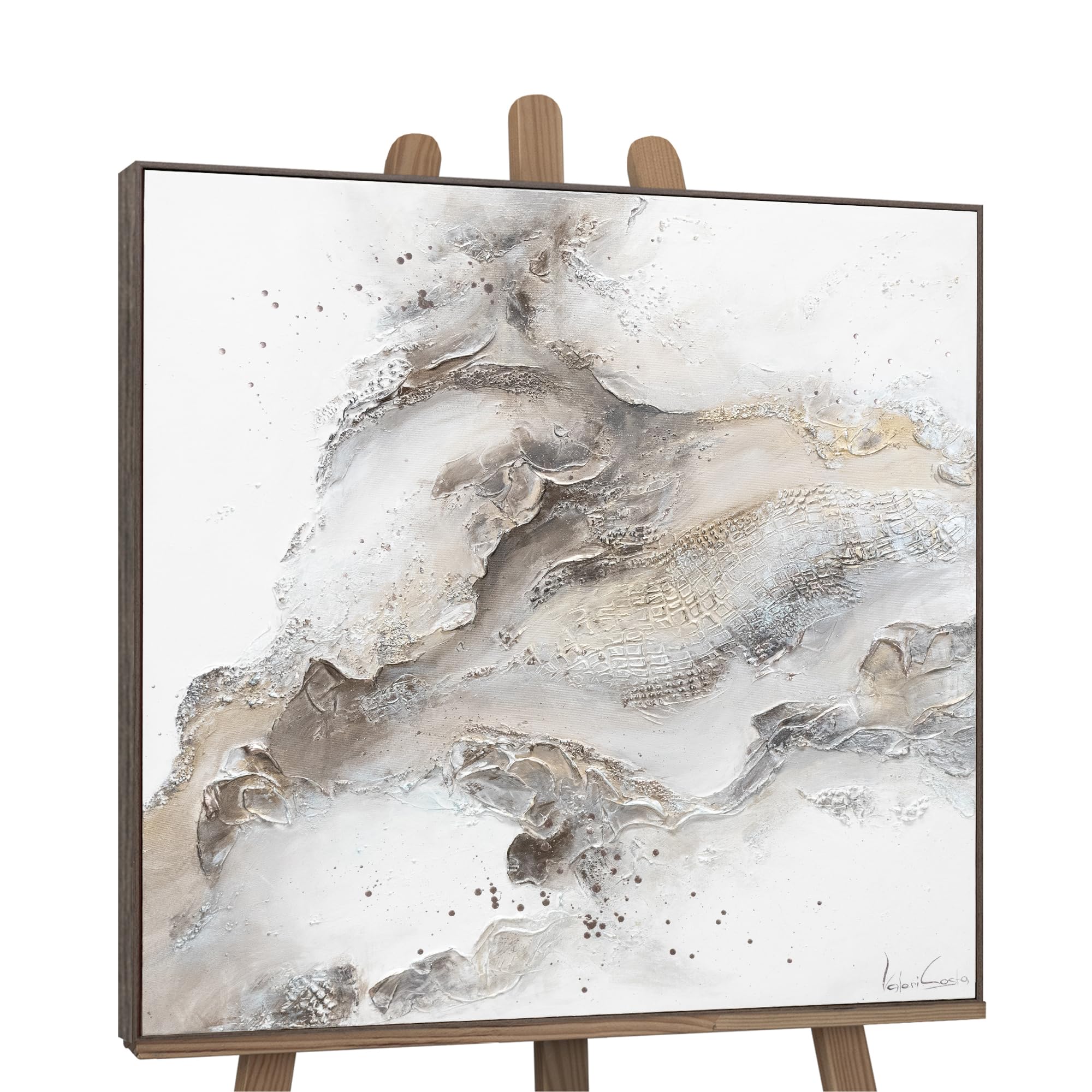 Ys Creation -Art Abstract Textured Acrylic Painting In Frame Hand-Painted Modern Artwork In Grey Color Wall Art For Living Room 35X35 Inches