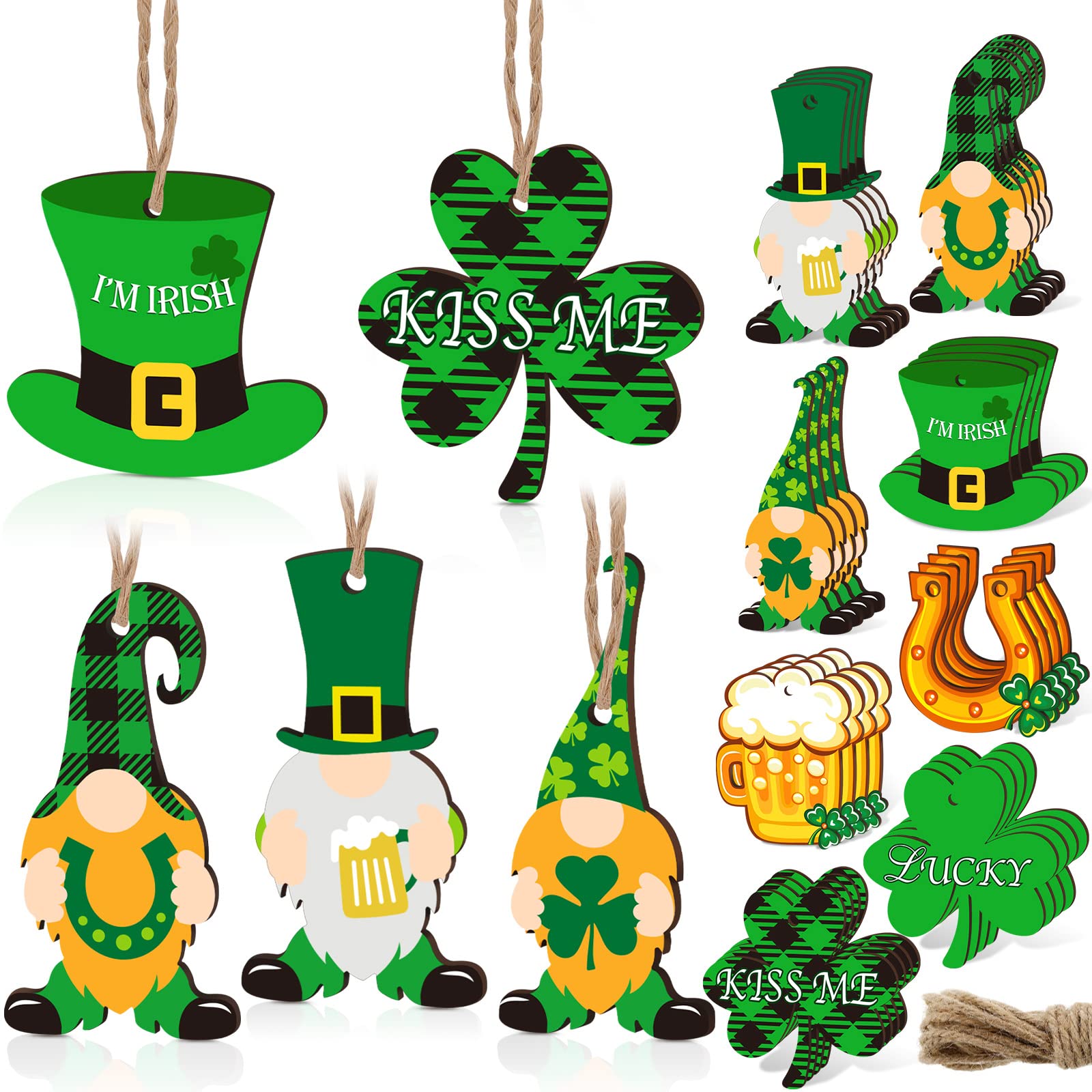 Photo 1 of Chunful 32 Pieces St. Patrick's Day Wooden Ornament Shamrocks Clover Gnome Hat Horseshoe Beer Shapes Color Printing Wood Slices Ornaments with Twine for St. Patrick's Day Party Favors