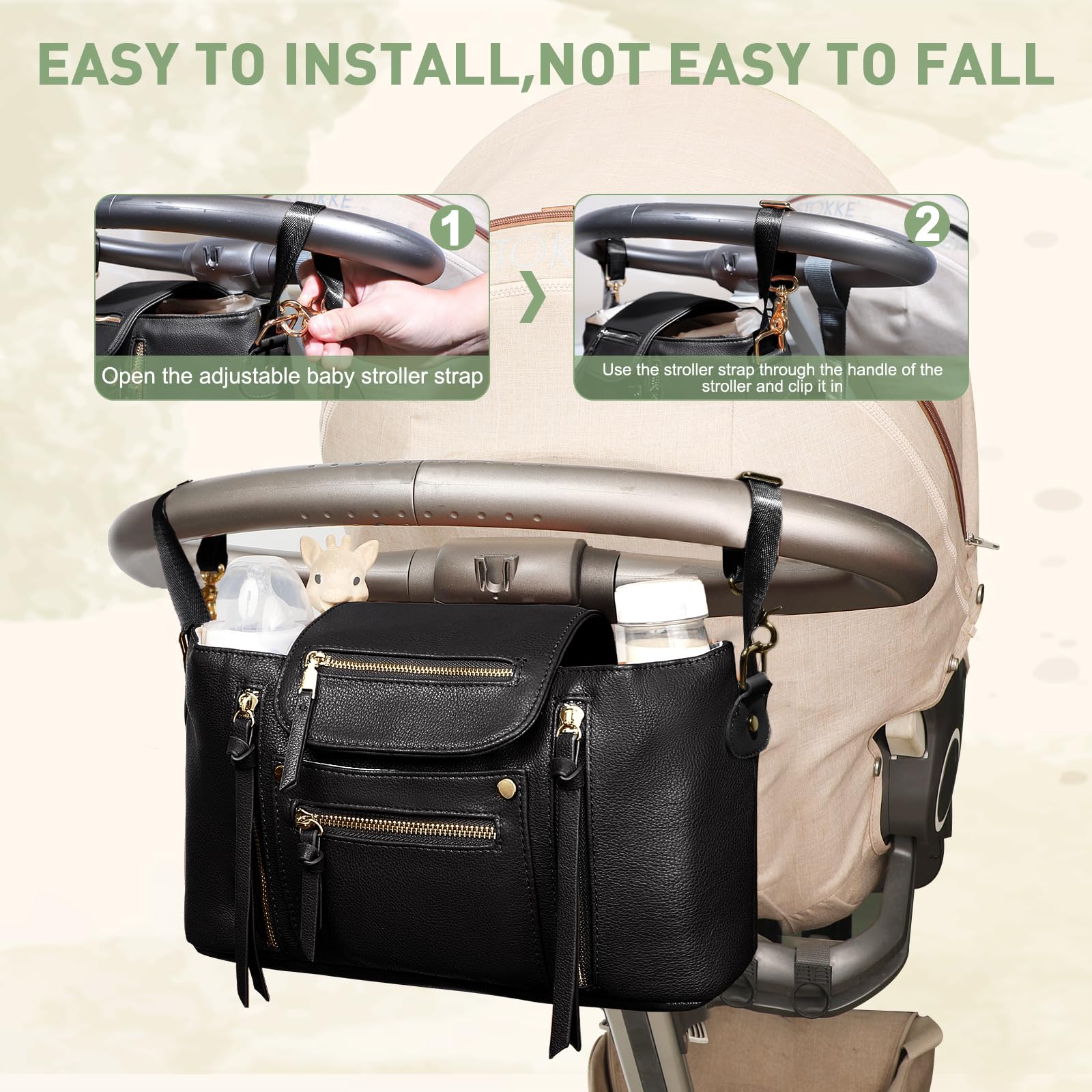 miss fong Kinderwagen-Organizer mit isoliertem Getränkehalter, Zubehörtasche, Kinderwagen-Caddy mit verstellbarem Riemen, passend für alle Kinderwagen (schwarz)