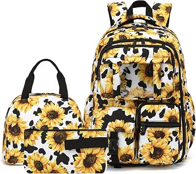 Sunflower Cow Print School Backpack for Girls, 3Pcs Kids Bookbag Set School Bags Back Pack with Lunch Box and Pencil Bag