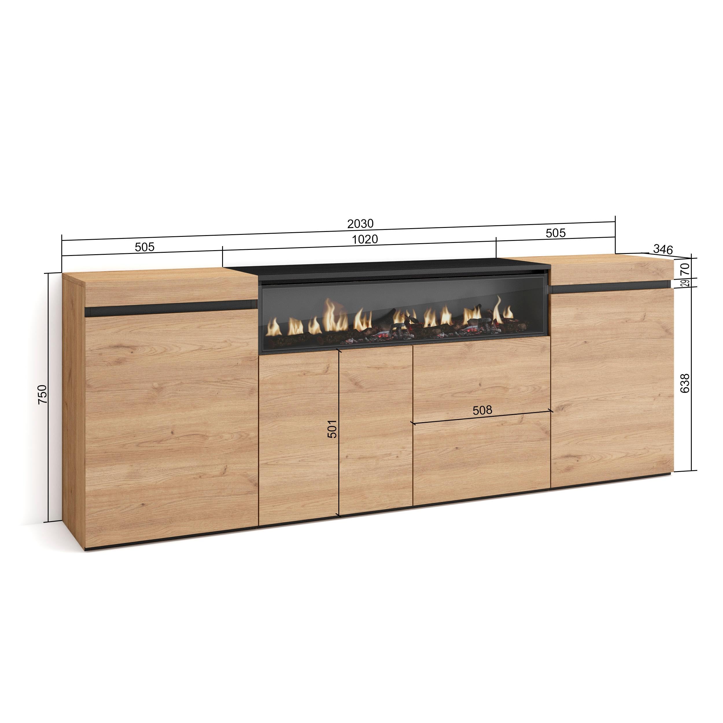 Skraut Home | Sideboard, Highboard | Kommode, Komodenschrank | 200x75x35cm | 4 Türen | Elektrokamin. Maße | Moderner Stil | Eiche Schwarz