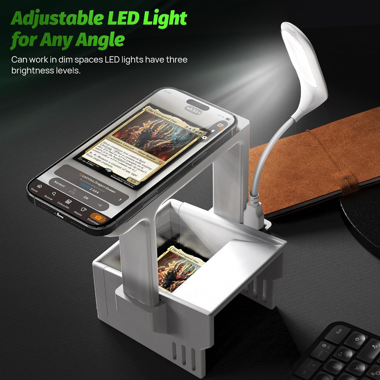 Card Scanner Pro for Trading Cards – MTG & TCG Card Scanner Stand with LED Light and Magnetic Base, Quickly Scan and Price Check Unsleeved Collectible Cards, Compatible with ManaBox App