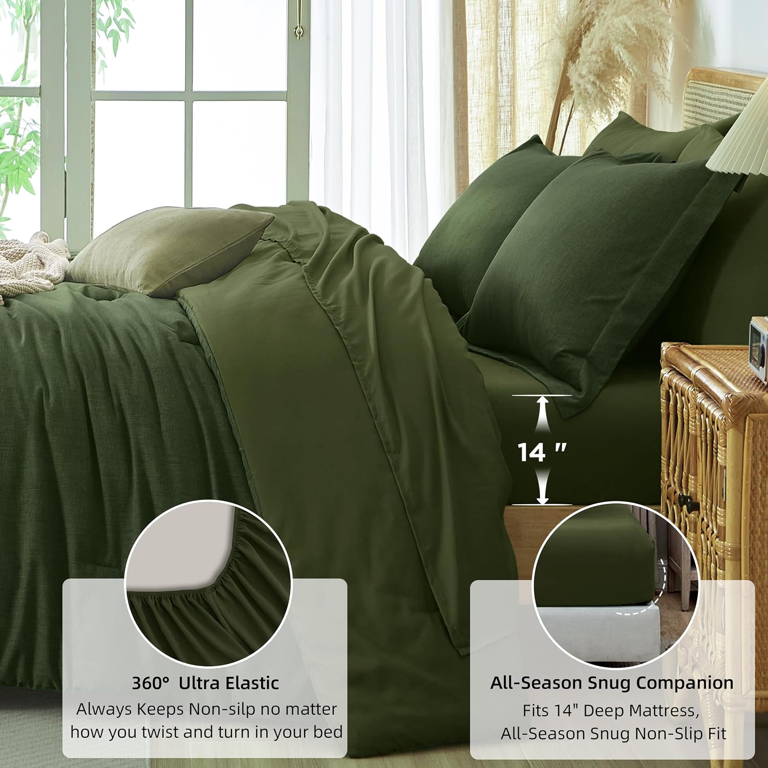 King Size Comforter Set Cationic Dyed Dark Green Bed in a Bag | 25% Higher Density, 7-Piece Linen Like bedding set, Wear-resistant, Fade-resistant, Chic Contrast Color, Machine Washable