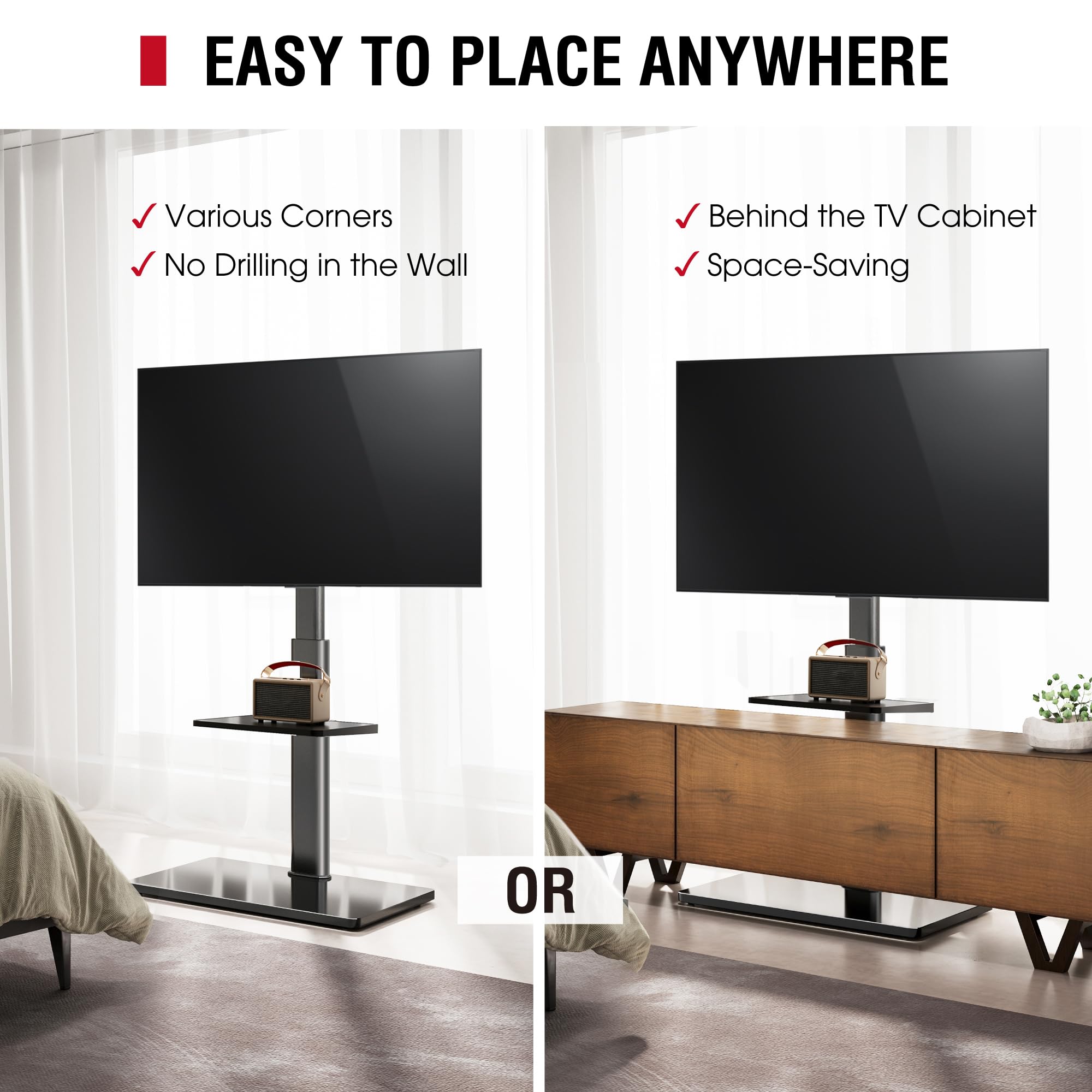 Soporte de TV de suelo con giro de 60 grados, soporte de suelo para televisores de 32 a 65 pulgadas de hasta 88 libras con inclinación, soporte de TV alto ajustable de altura de 8 niveles con 4
