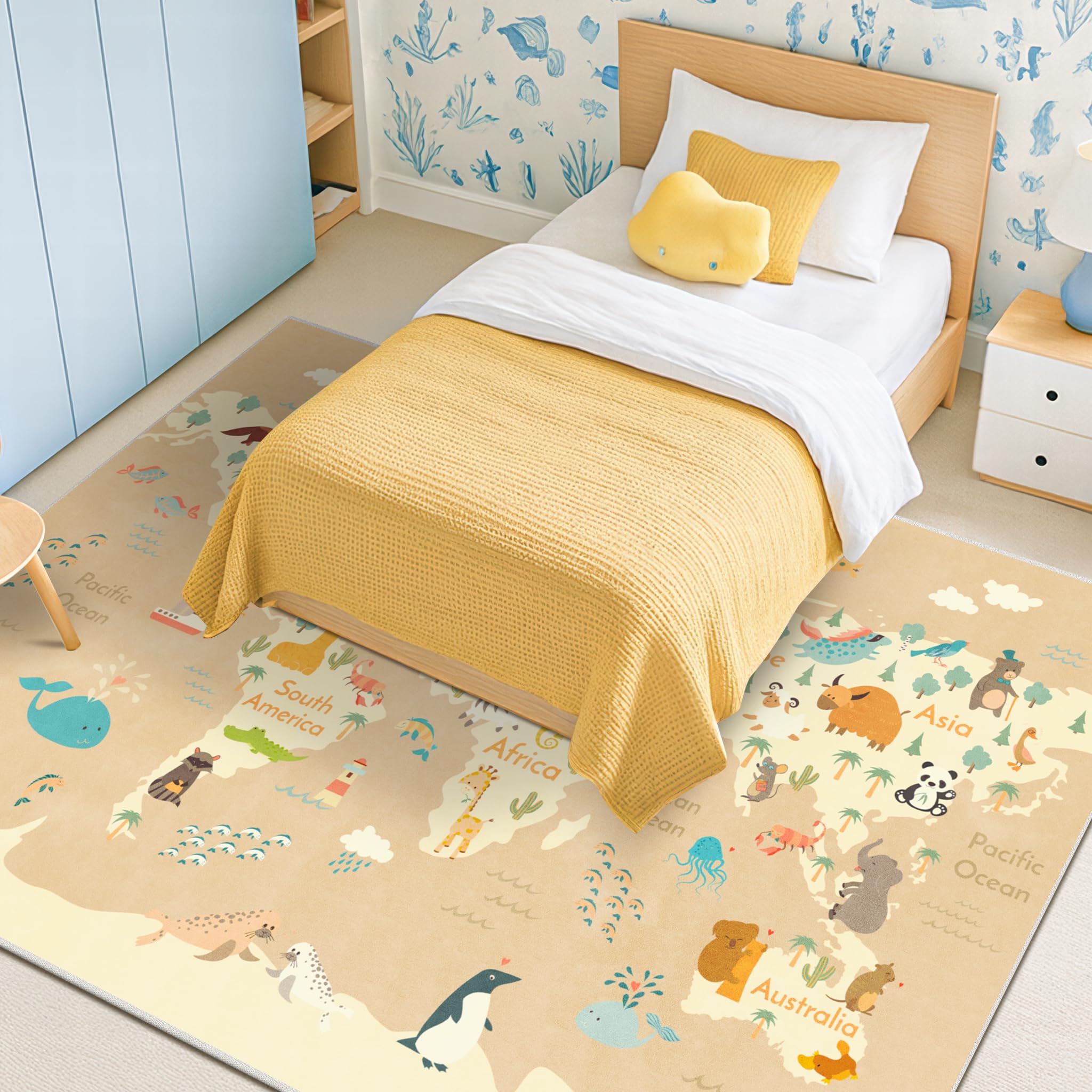Large Kids Area Rugs with Animal - 8x10 Beige Rug for Kids Room, Classroom, Bedroom, Living Room, Washable Wipeable Ultra Soft Crawling World Map Carpet with Ocean, Continents &amp; Cute Animals