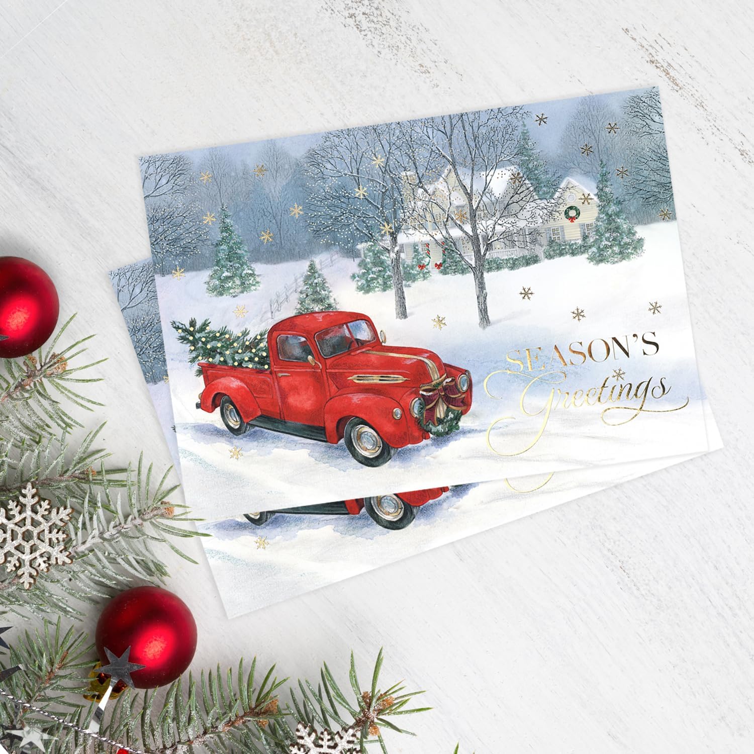 Masterpiece Trucking The Tree Christmas Cards / 16 Boxed Red Truck Country Holiday Card Set With Gold Foil Accents And Coordinating Envelopes / 5 5/8" x 7 7/8" Folded Winter Christmas Tree Farm - Image 4