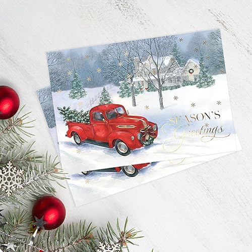 Miniatura 4 de Masterpiece Trucking The Tree - Juego de 16 tarjetas de Navidad de camión rojo en caja con detalles de lámina dorada y sobres a juego  5 58 pulgadas