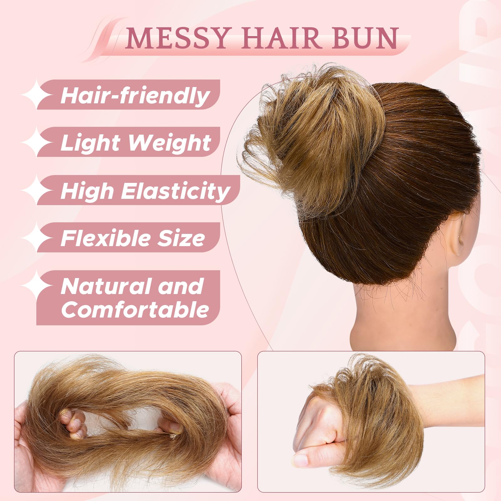 SEGO Pro Real Human Hair Messy Bun Scrunchie, Donut Bun Hair Piece for Women - Straight, 12# Golden Brown, Pack of 1 - Image 3