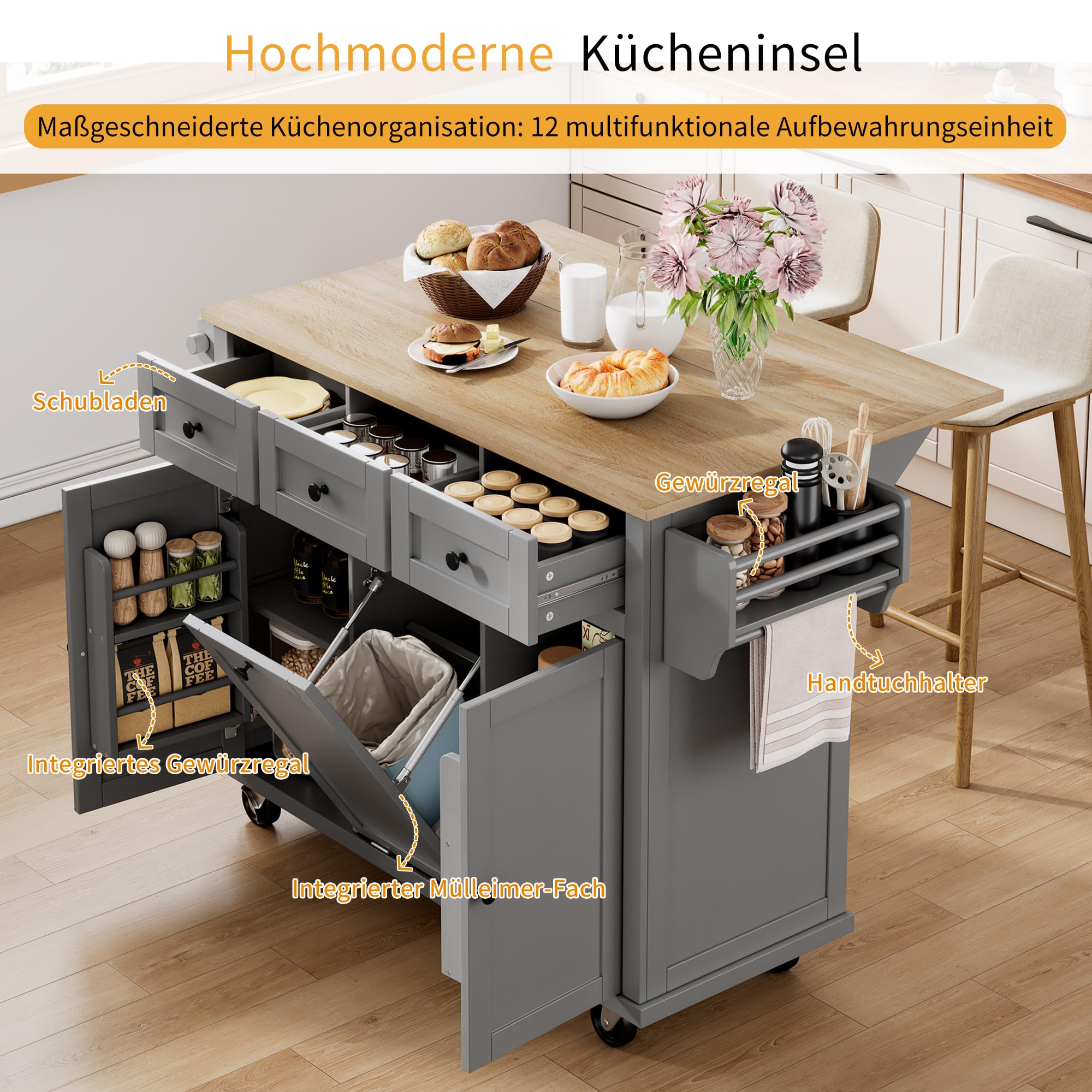 Chariot de cuisine à roulettes avec plan de travail rabattable, armoire de buffet, 2 tiroirs et 4 portes, pour cuisine et salle à manger, 112 x 74,6 x 94,2 cm (gris)