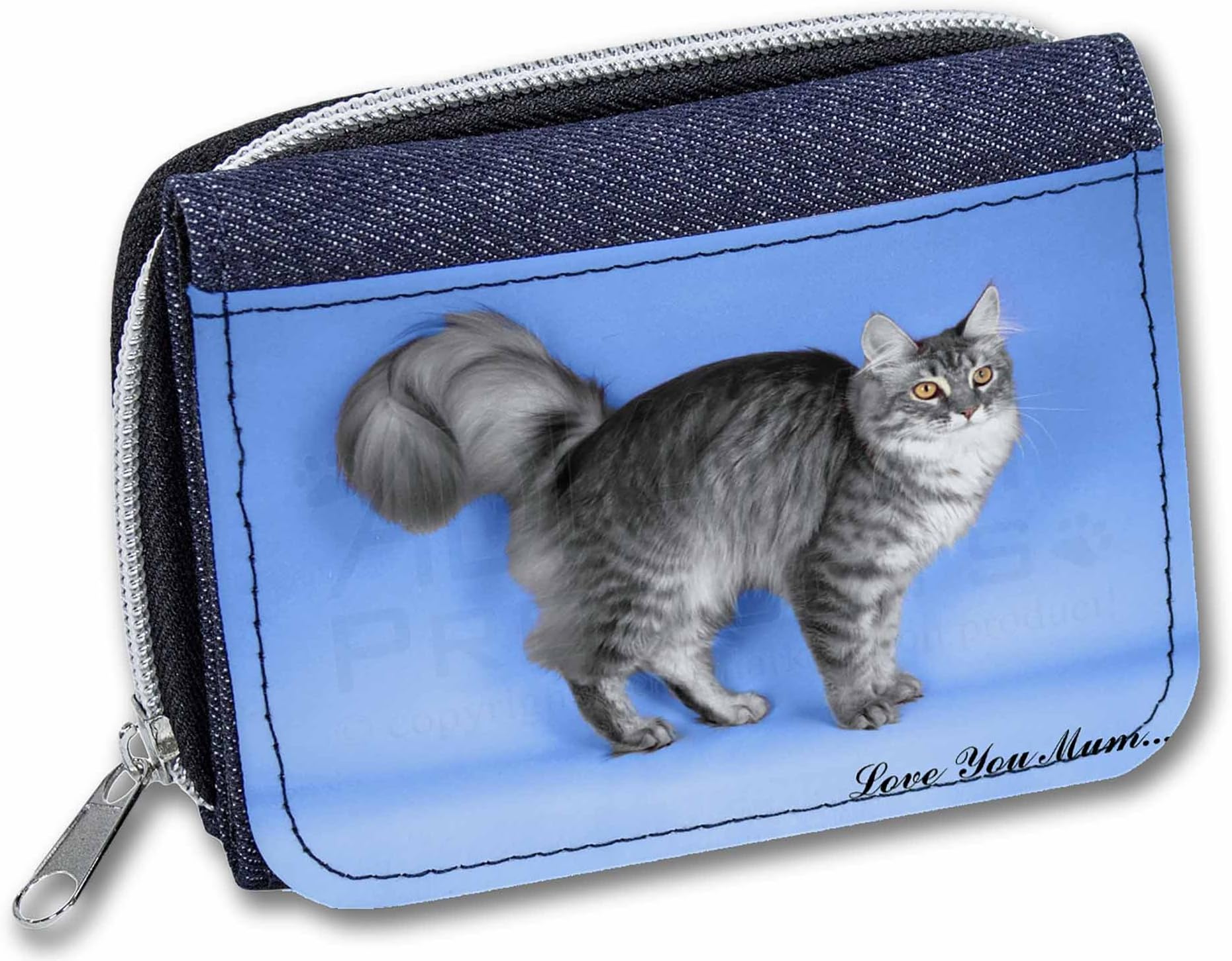 Advanta - Denim Wallet Silver Maine Coon Cat 'Love You Mum' Girls/Ladies Purse AC-15lymJW Credit Card Case, 13 cm, Denim Blue
