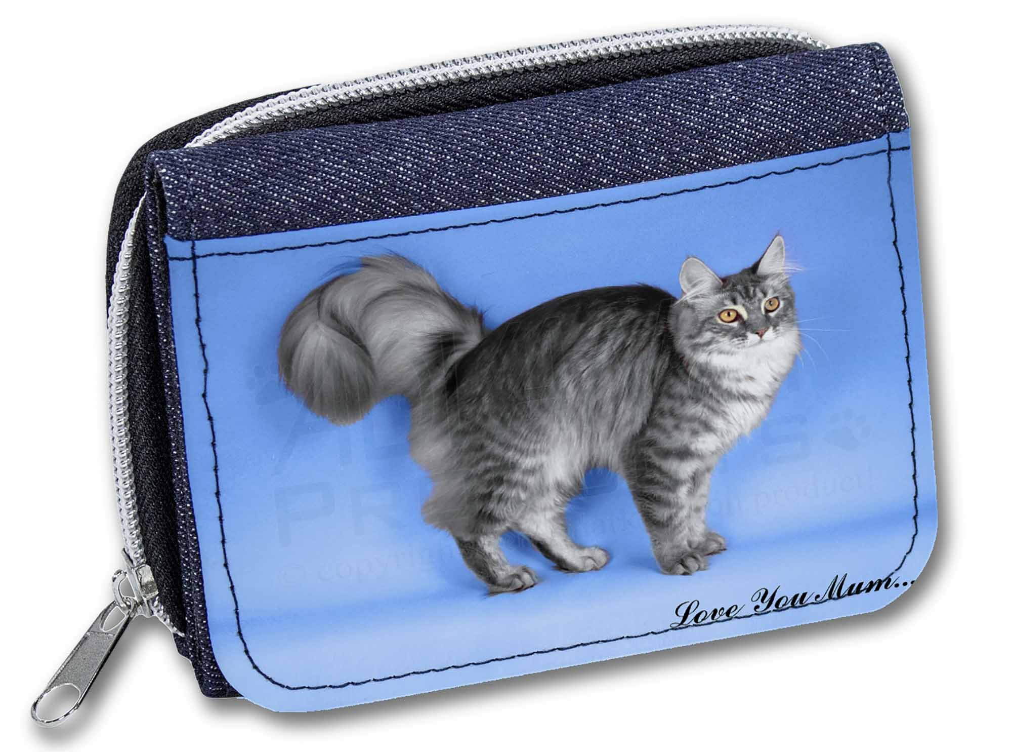 Advanta - Denim Wallet Silver Maine Coon Cat 'Love You Mum' Girls/Ladies Purse AC-15lymJW Credit Card Case, 13 cm, Denim Blue
