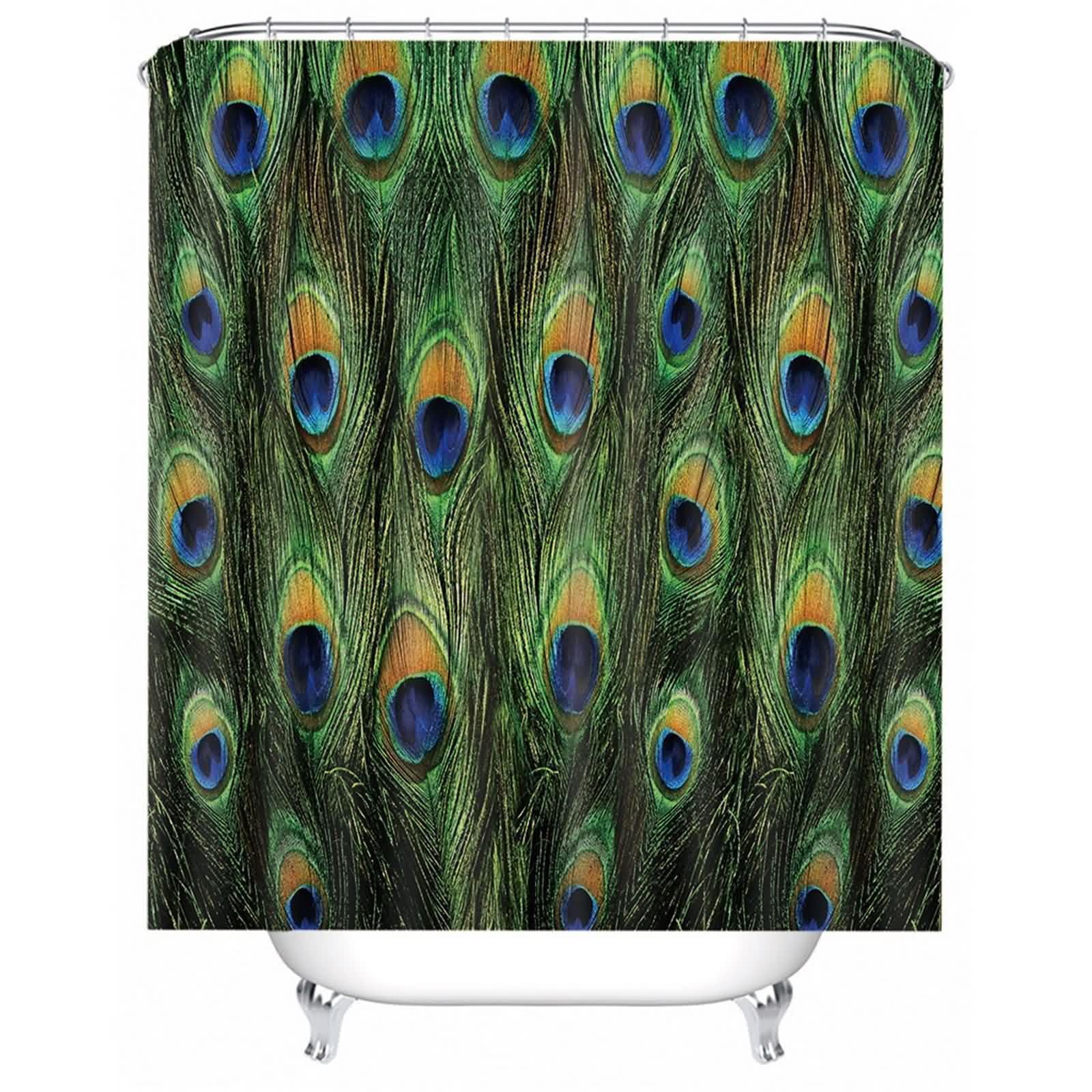 Rideau de douche imperméable motif plume de paon vert et bleu en polyester