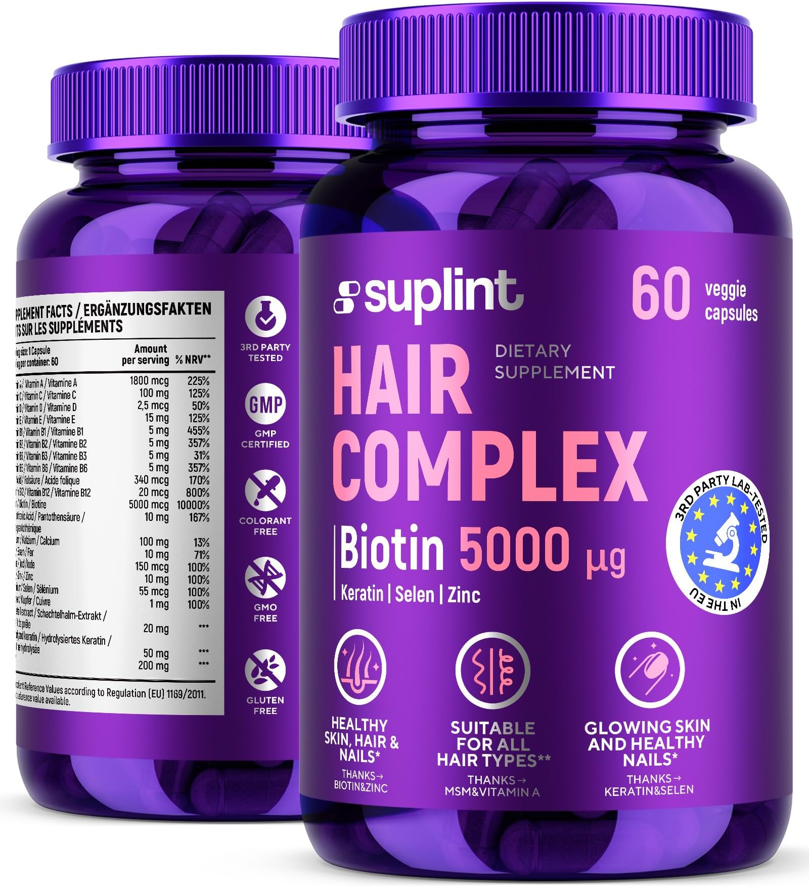 Hair Vitamin Complex with Biotin 5000mcg, Keratin, Selen, Zink | Hair Growth Supplement with Vitamin A, C, D, E, B12 | Hair, Skin & Nail Support Supplement for Women & Men | 60 Capsules