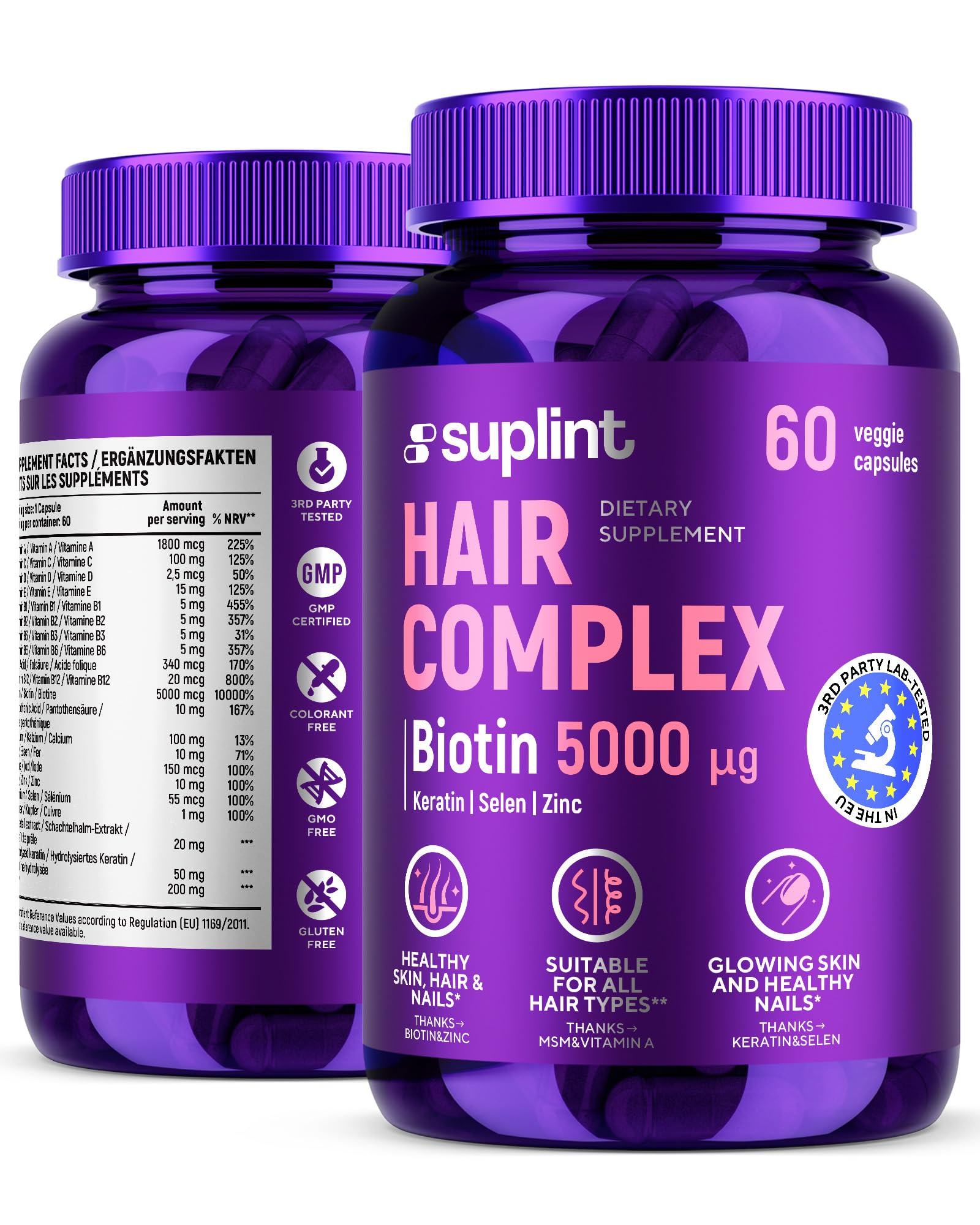 Hair Vitamin Complex with Biotin 5000mcg, Keratin, Selen, Zink | Hair Growth Supplement with Vitamin A, C, D, E, B12 | Hair, Skin & Nail Support Supplement for Women & Men | 60 Capsules