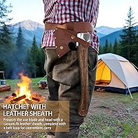 Vista 6 de Hacha de camping - Hacha de corte con funda de cuero, hacha forjada de acero al carbono de 13.8" para cortar y partir leña, ideal para supervivencia