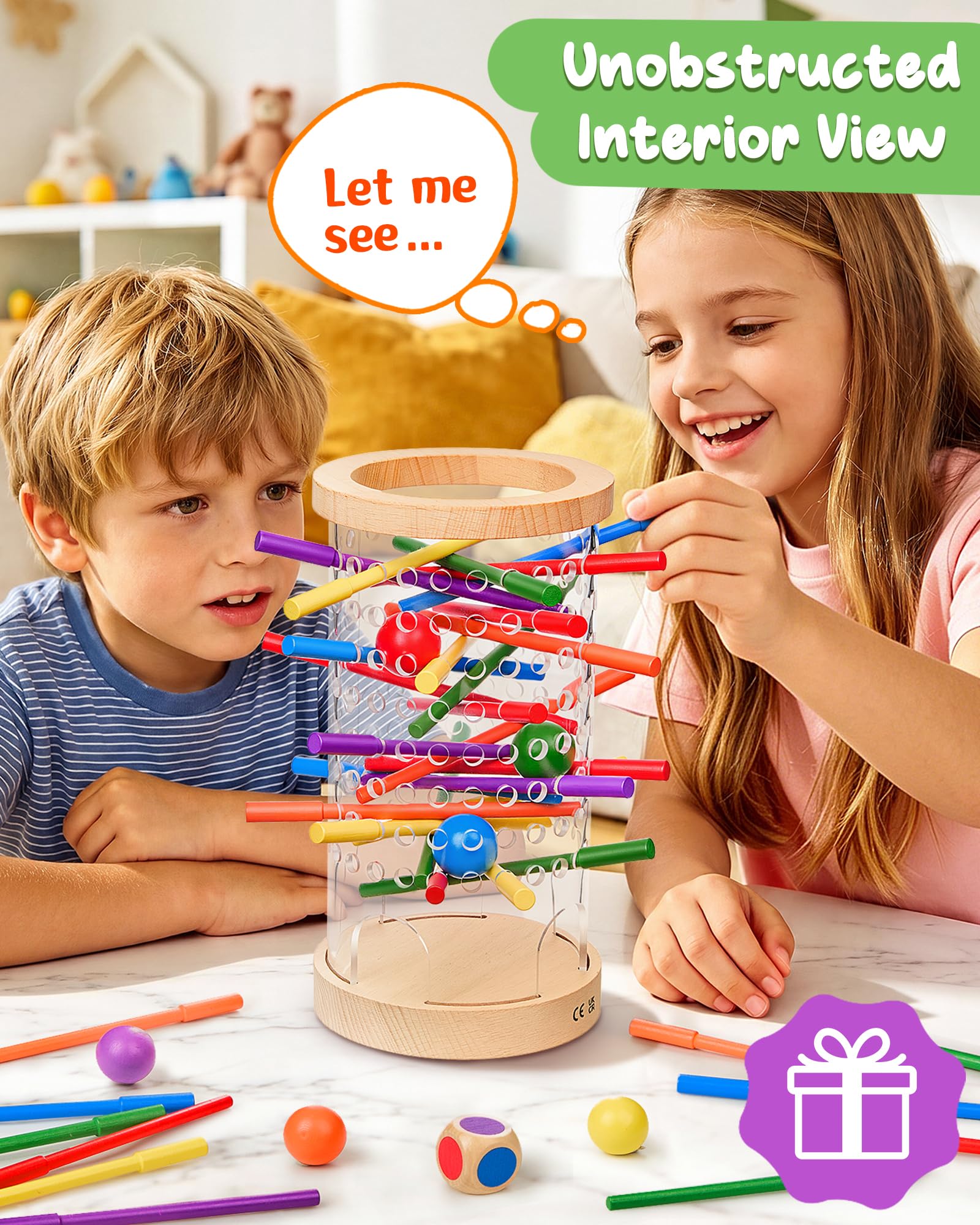 Montessori Holz Brettspiel ab 3–6 Jahre mit Ball & Antirutsch-Stäbchen | Antirutsch-Stäbchen, Transparenter Turm, Lernspielzeug für Motorik & Konzentration, Geschenk, Kompakt & tragbar für unterwegs