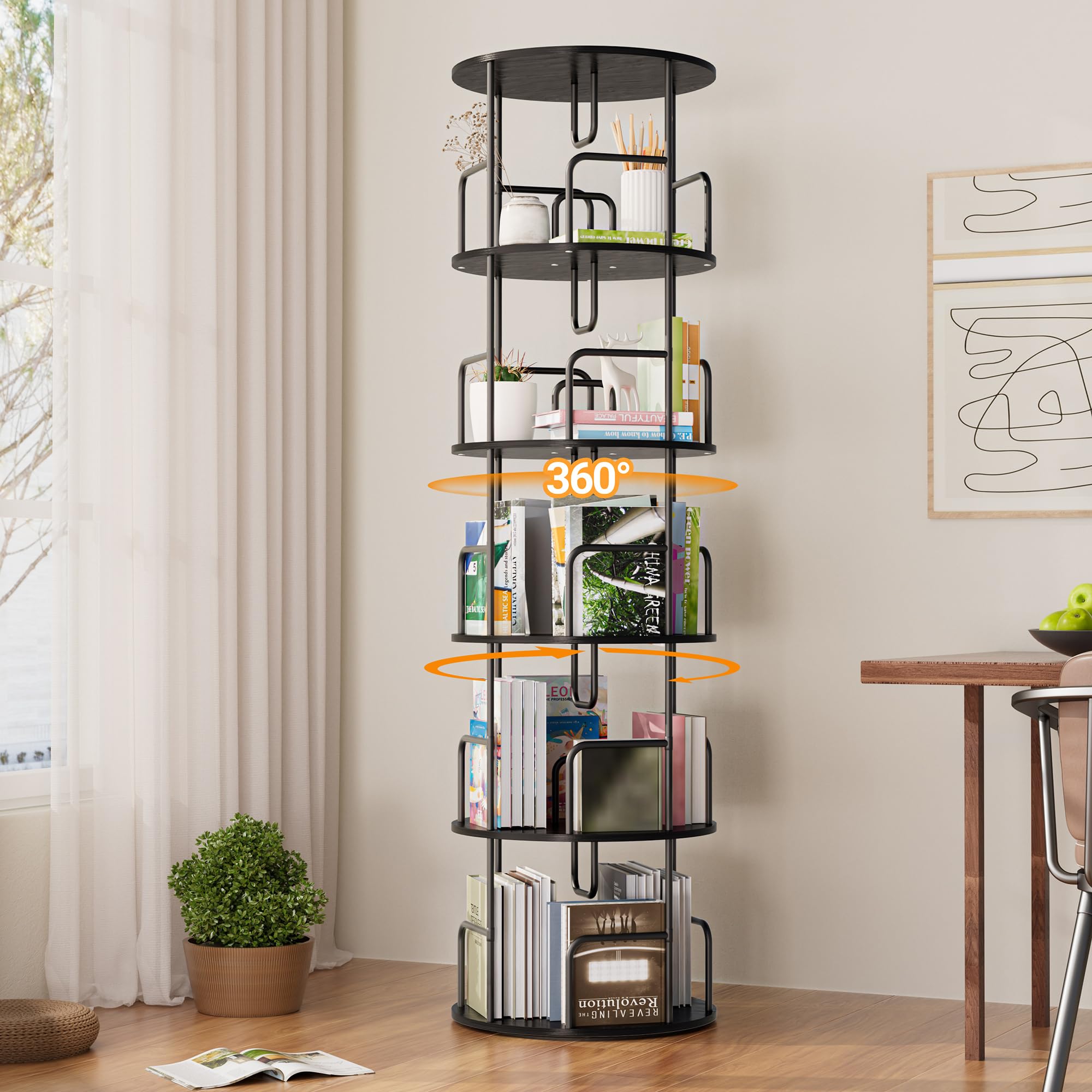 YZU Rotating Bookshelf 5 Tier 360 ° Display Spinning Bookshelf Tower, Revolving Bookcase Narrow Space Saving Swivel Book Shelf Corner Storage