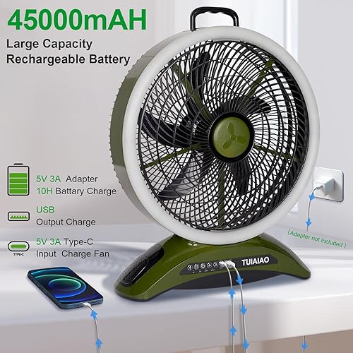 Miniatura 2 de Ventilador de campamento de tamaño extragrande, ventilador portátil recargable de batería de 45000 mAh, hoja de 12 pulgadas y flujo de aire de alta