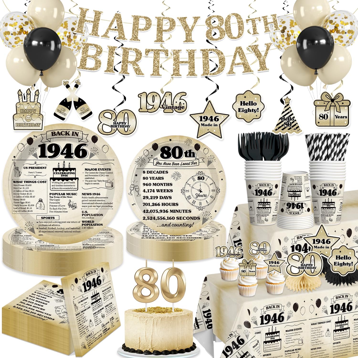 Yingto 207 PCS 80th Birthday Decorations for Men & Women, Vintage 1946 Party Set with 80th Birthday Plates and Napkins, Serves 25, Banner, Balloons, Candles & Tablecloths