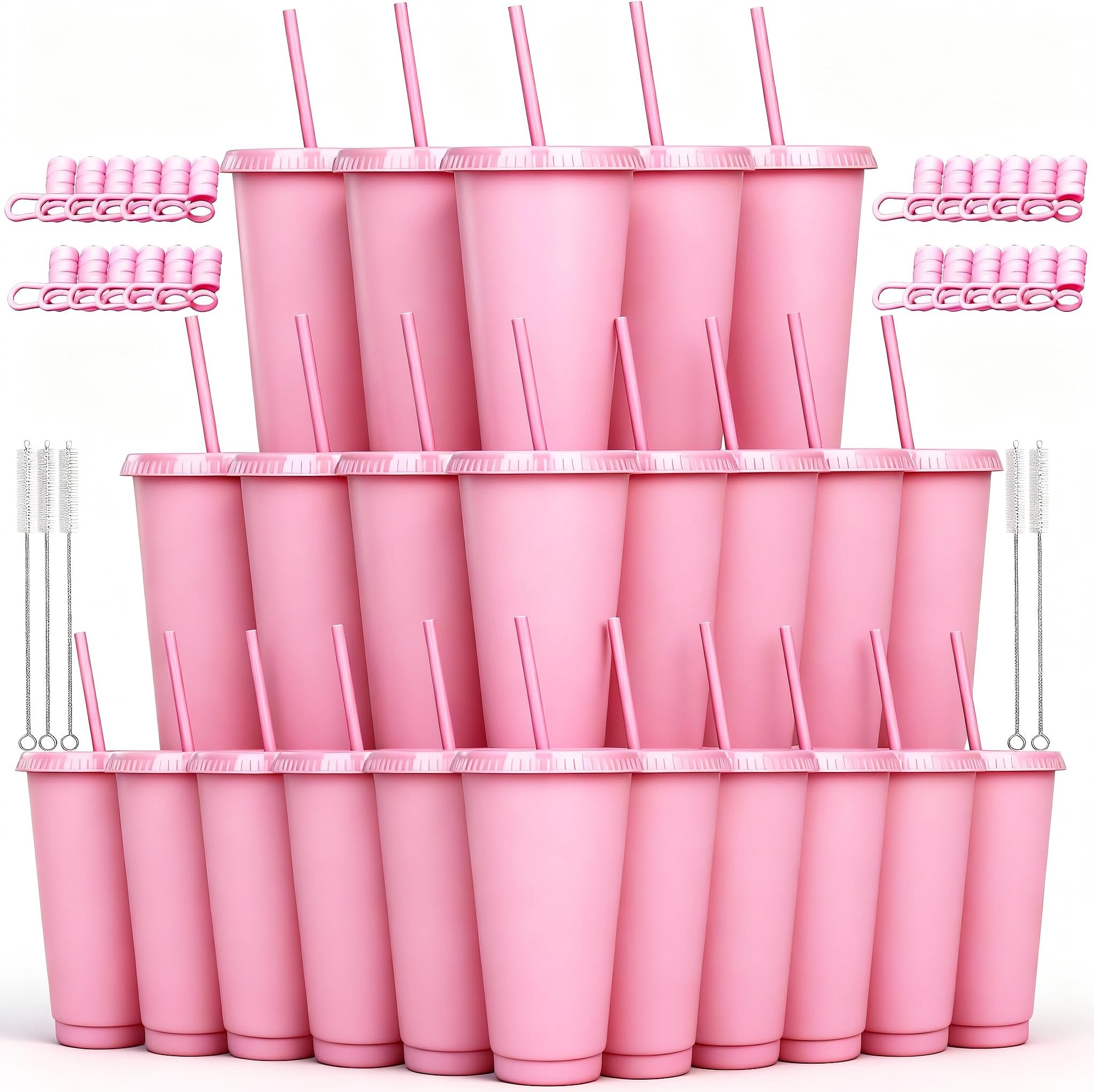 24 oz Reusable Plastic Cups, Custom Cups for Party with Lids and Straws, 24 Pack Iced Coffee Travel Mugs or Mean Girls Party Tumblers, Leak Proof Coffee Travel Mug (24, Pink)