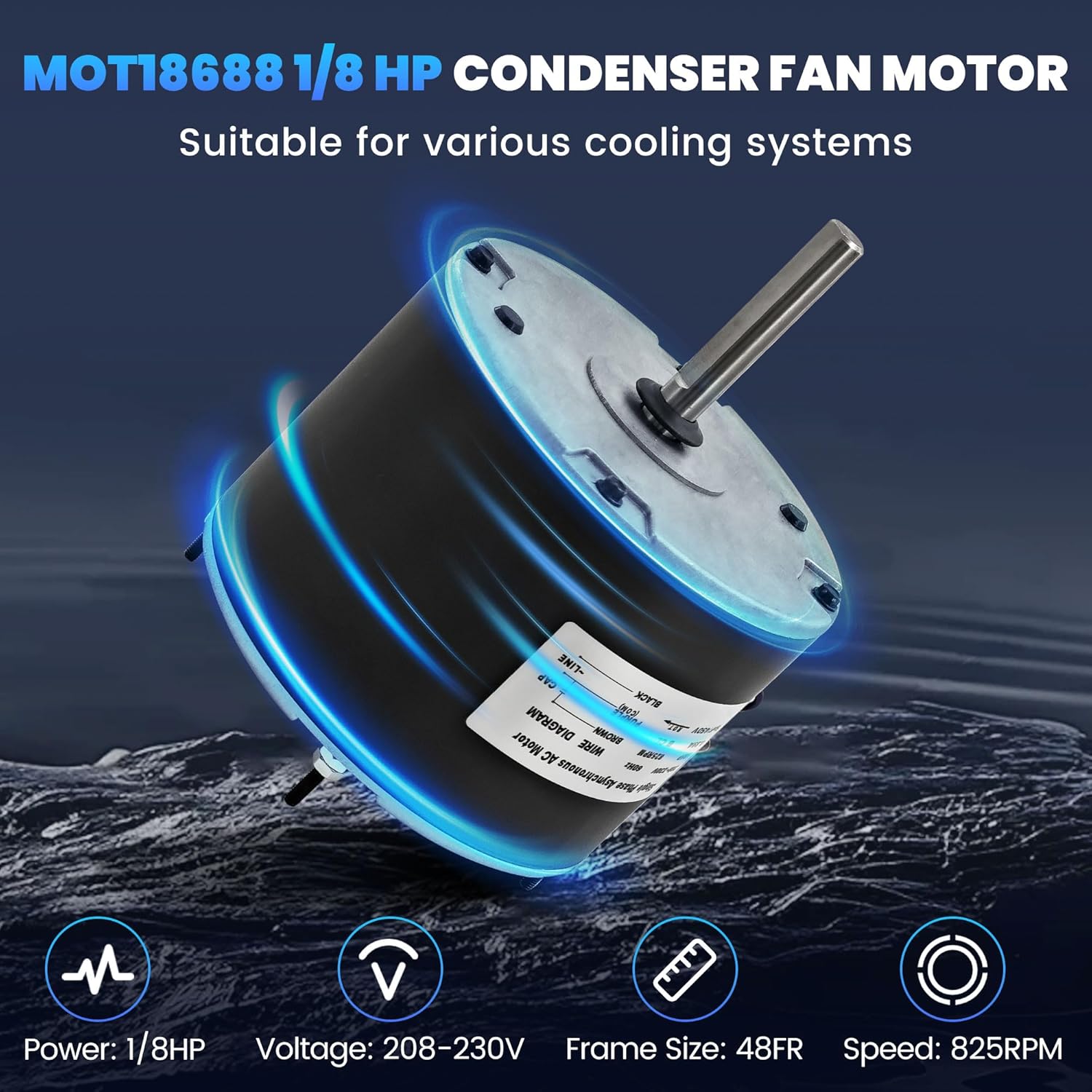 Upgraded MOT18688 1/8 HP Condenser Fan Motor Fits for Trane, for American Standard, AC Fan Motor with Capacitor,1/8 HP, 208-230V, 825 RPM, Replace# MOT18688 MOT12215 MOT12004 MOT10514