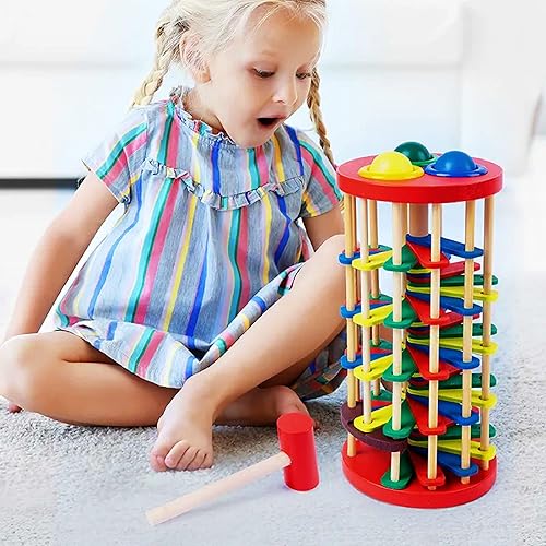 Miniatura 3 de Deluxe Knock, Pound and Roll - Torre de juguete de madera con martillo - Juguetes educativos para niños pequeños, torre de madera para golpear