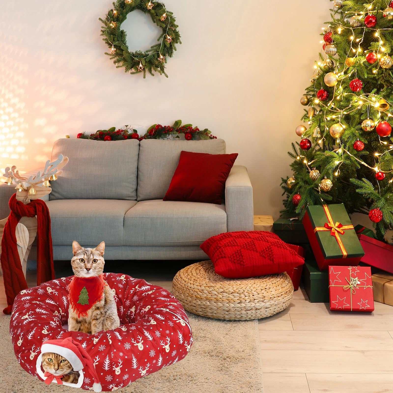 Túnel de Navidad para gatos, juguetes de cama para gatos de interior, túnel de tubo en forma de S con bola debajo del árbol de Navidad, cueva de gato, gatito, juguete, Papá Noel, alce,