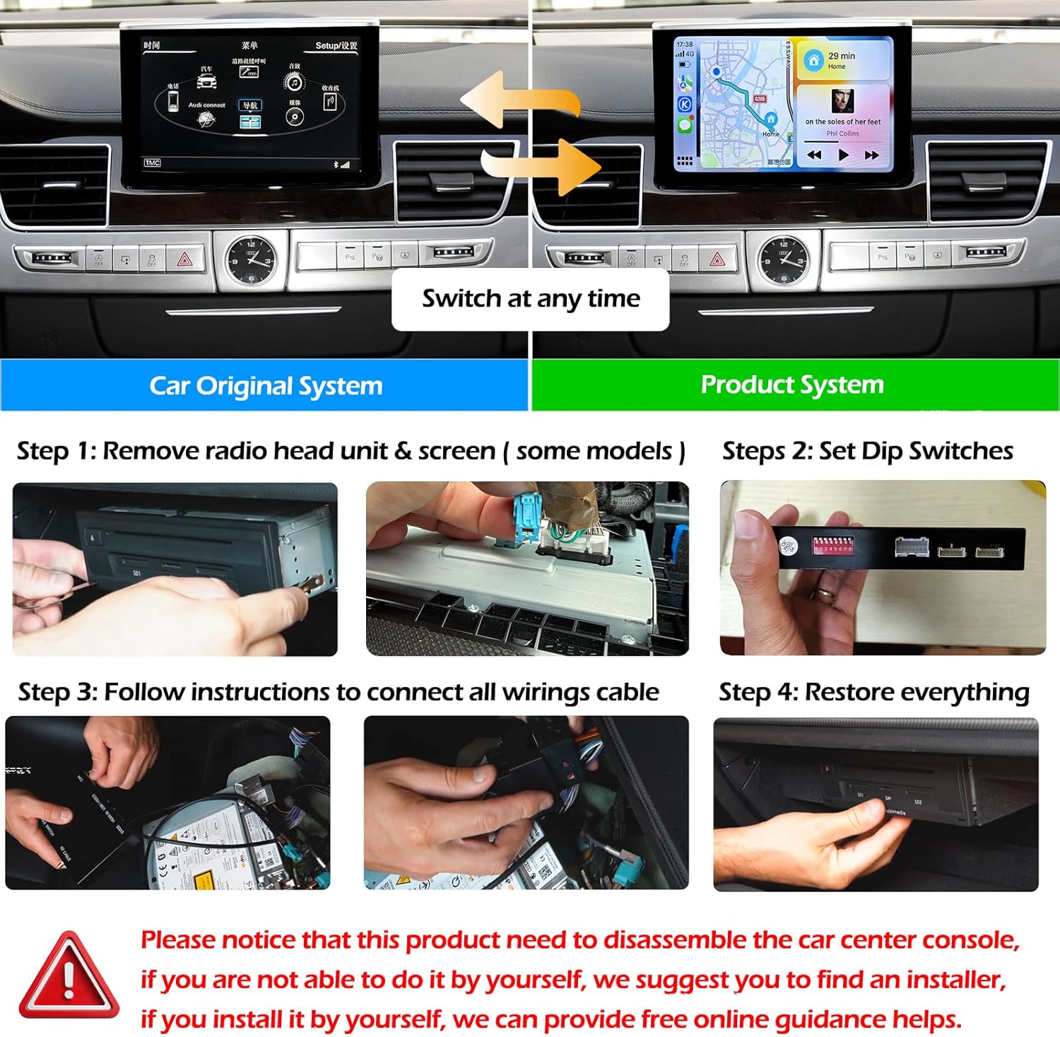 Wireless CarPlay + Android Auto + Mirroring Retrofit Decoder Box Kit, USB Stick Playback, Compatible with Audi A8 S8 RS8 from 2012-2018