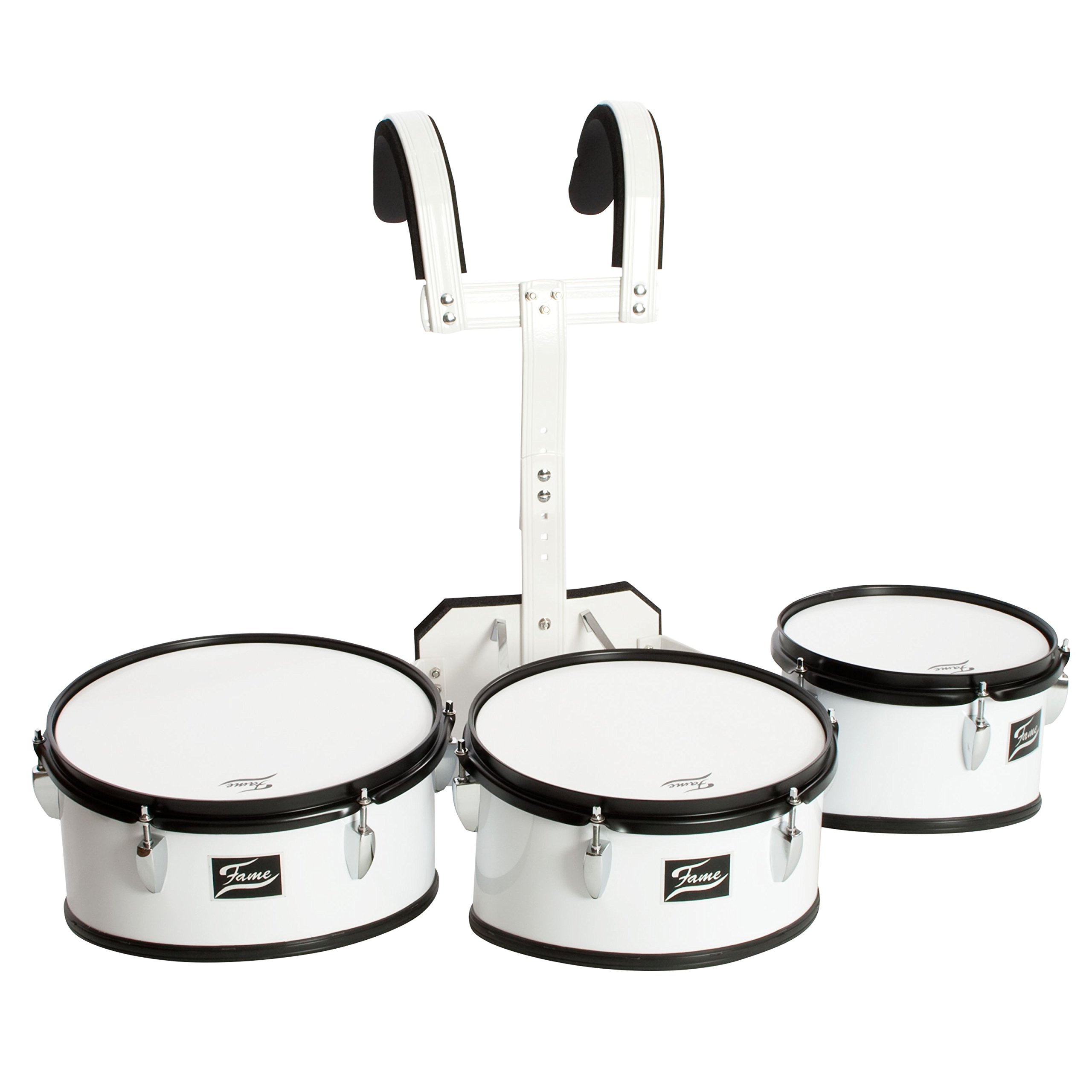 Fame Marching TimpTom Set, Weiß, 10 Zoll, 12 Zoll, 13 Zoll, Leichtgewicht 7.5kg, Linde Kesselmaterial, Kunststoff Fellmaterial, inklusive höhenverstellbares Tragegestell, Ideal für Samba und Karneval