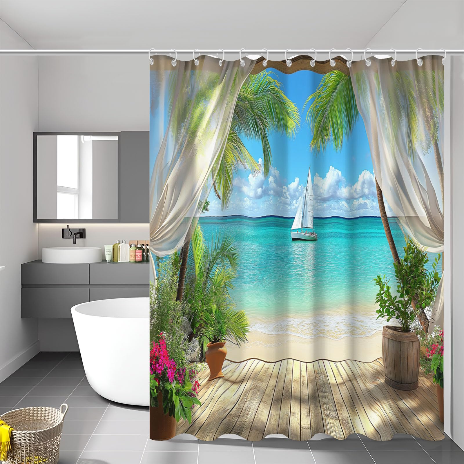 Rideaux de douche polyester lavable pour créer une ambiance de plage et vacances